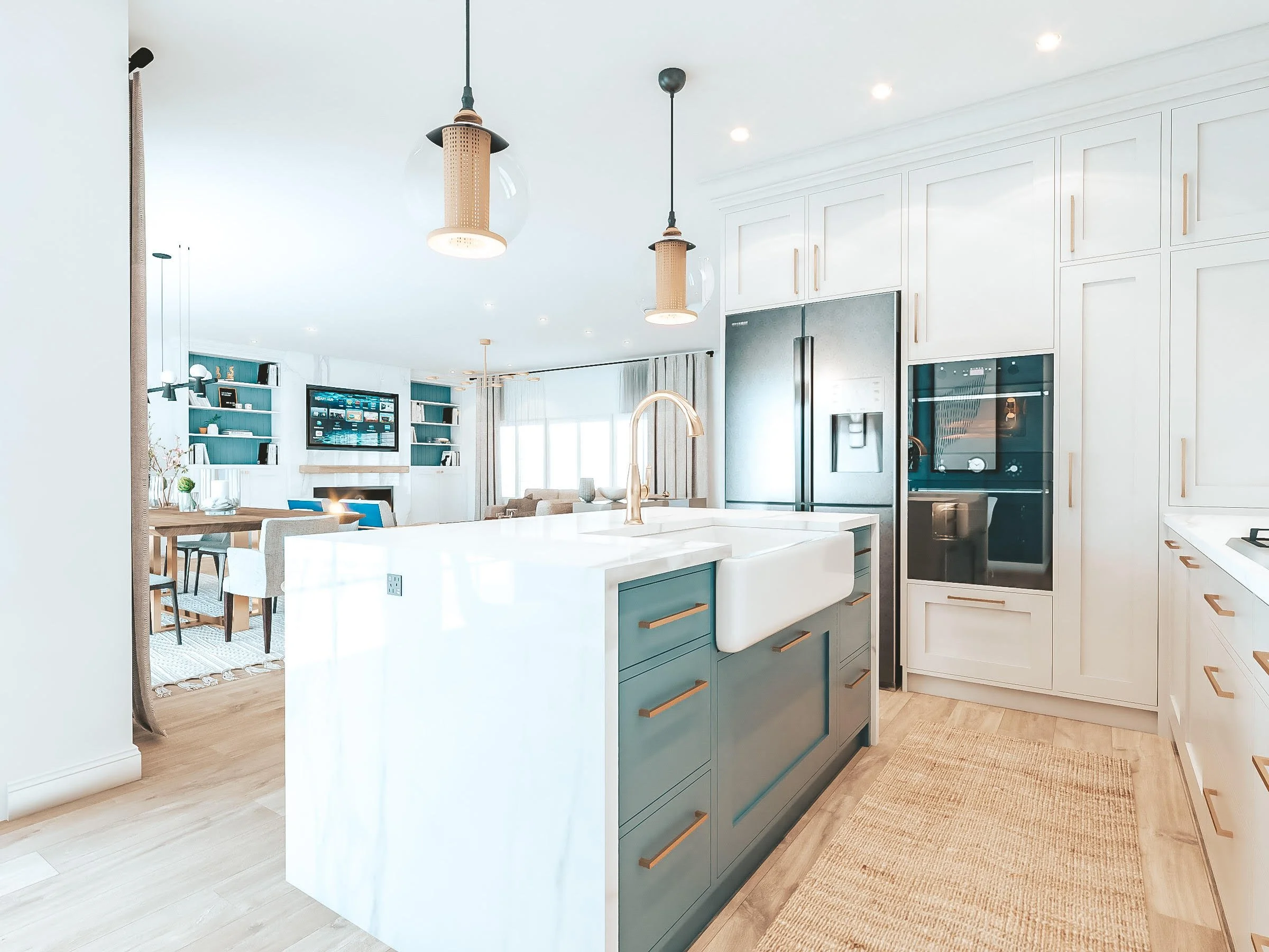 Bright Hamptons-inspired kitchen and living room with oversized island and timber floors
