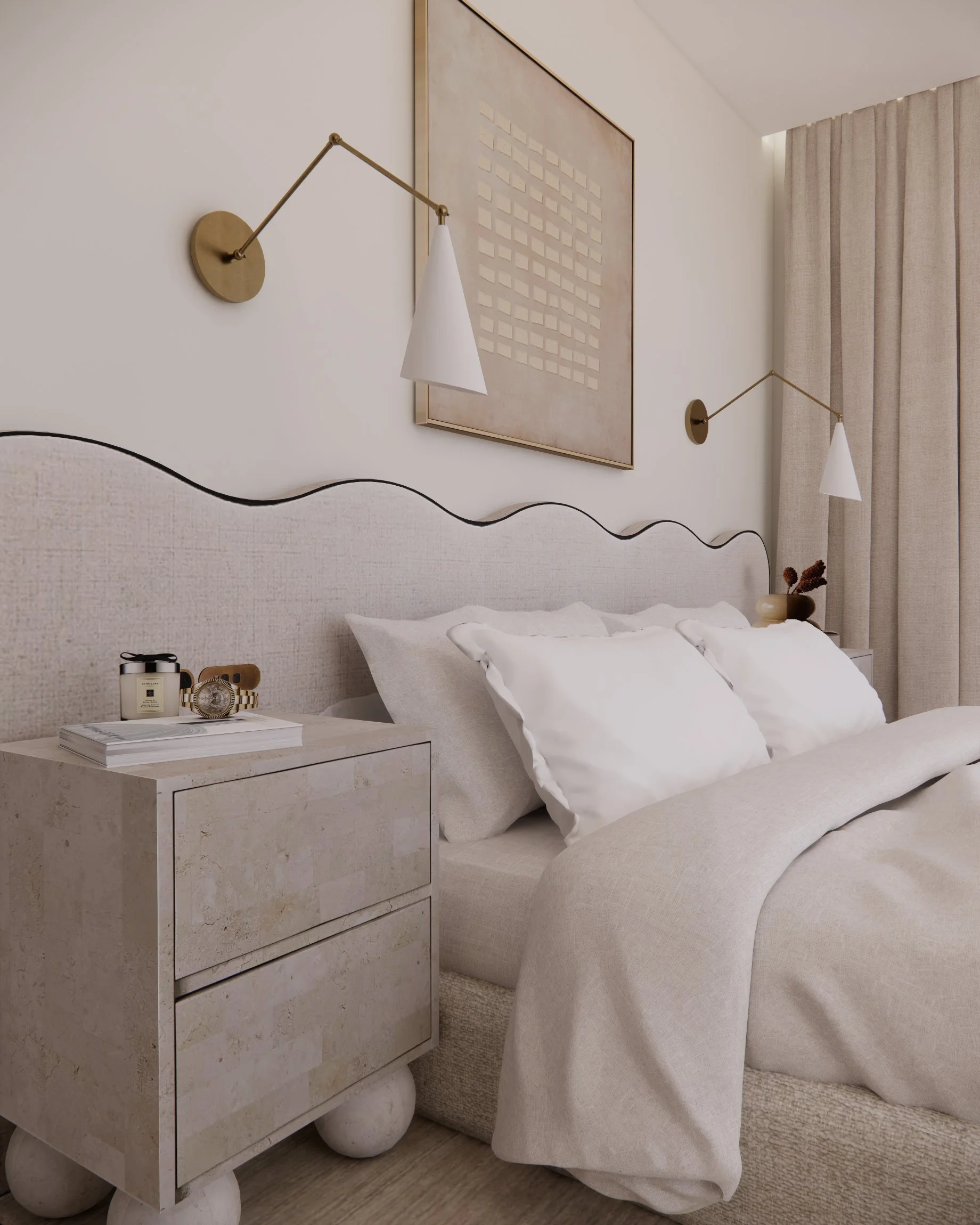 Soft neutral primary bedroom with custom curved headboard, sheer drapery, and warm minimal styling designed by TID Studio in Sydney