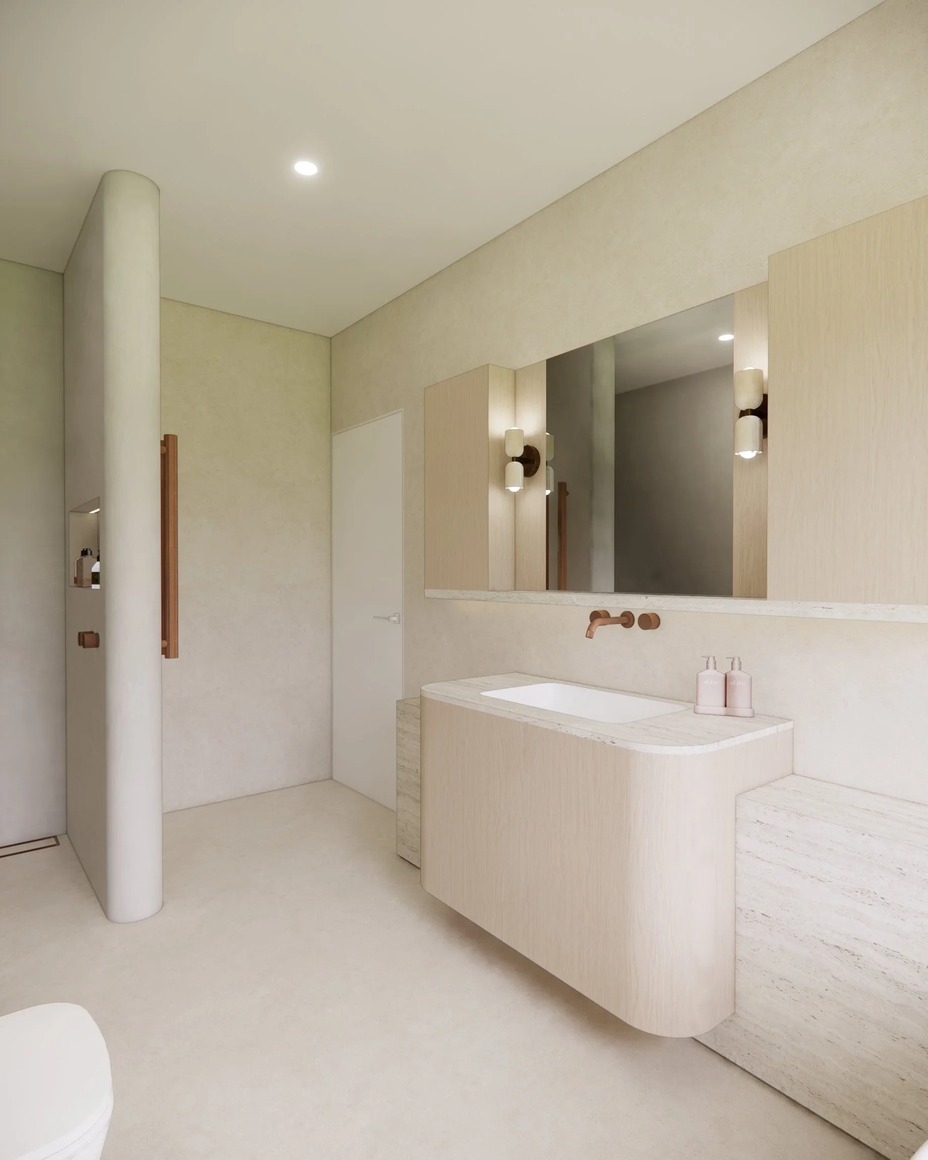 Contemporary main bathroom with freestanding bathtub, curved shower and custom vanity