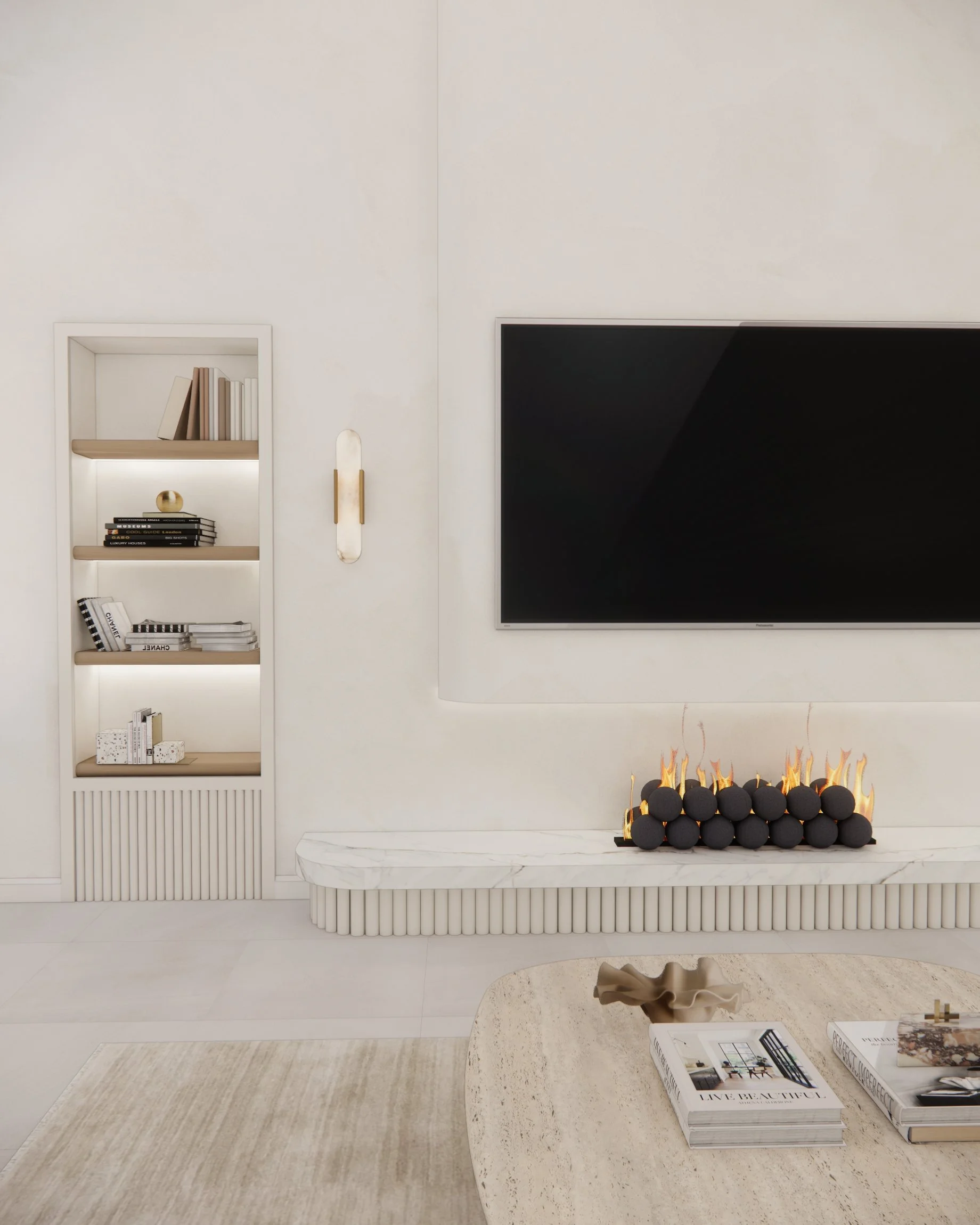 Modern minimal family room with sculpted plaster fireplace and marble bench in Miami, Florida