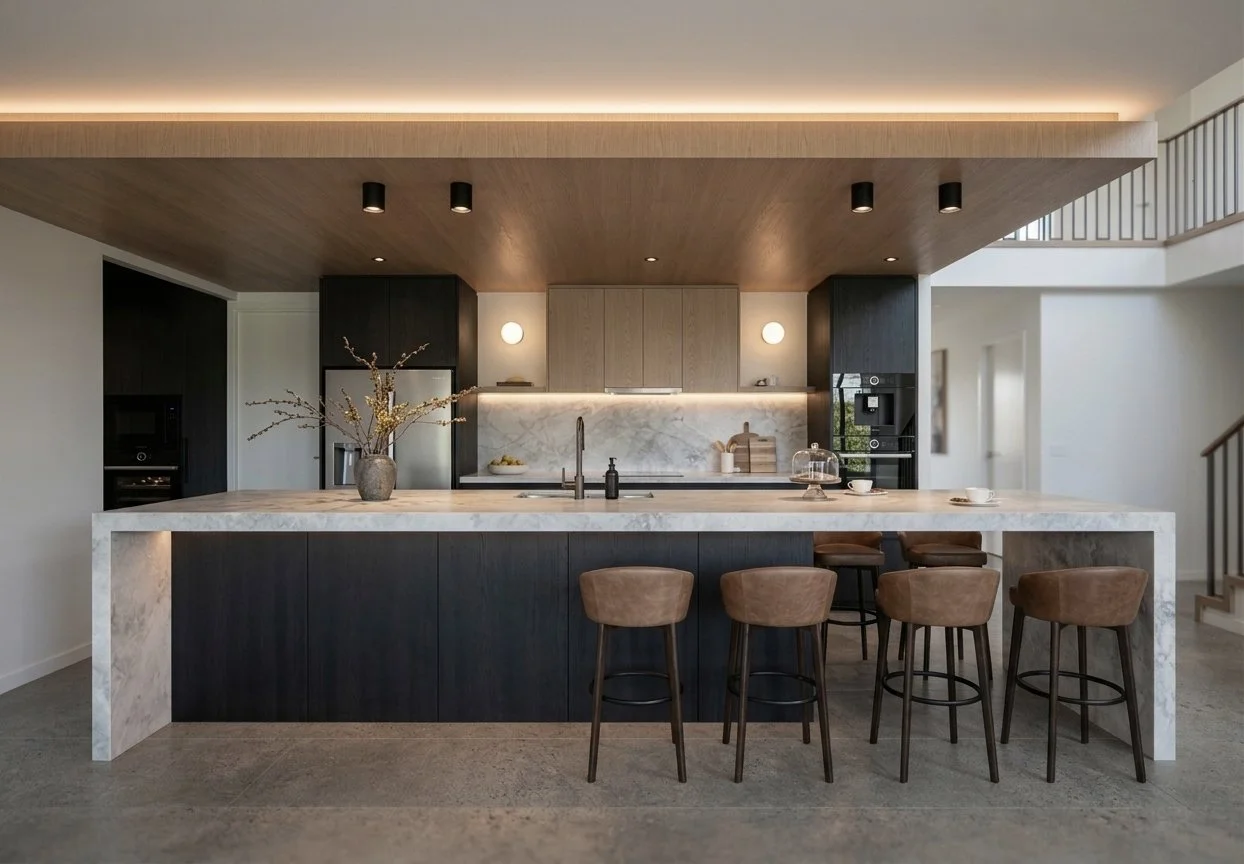 Modern black-and-oak kitchen design with stone island and timber ceiling feature — Brisbane interior design