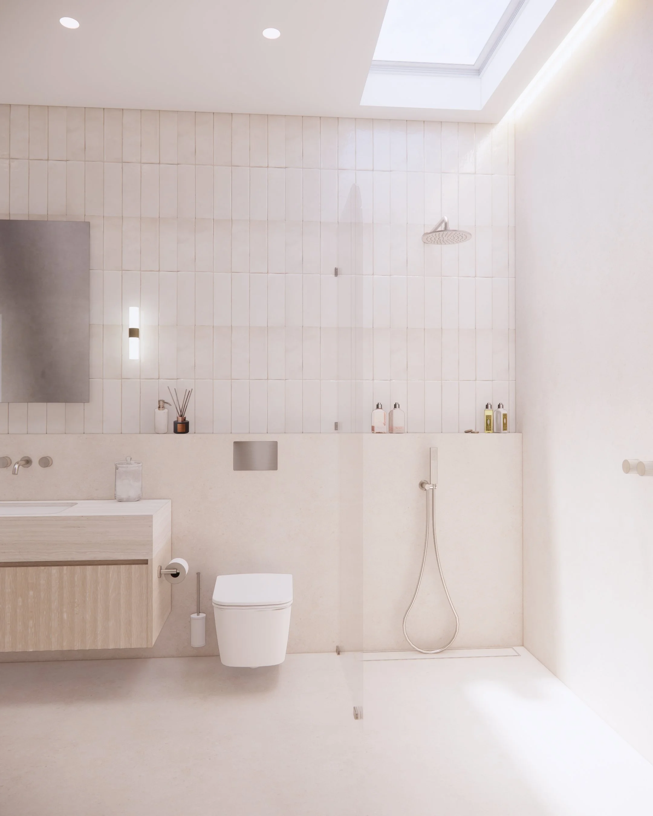 Contemporary guest ensuite with double vanity, rainfall shower with skylight, and soft integrated lighting