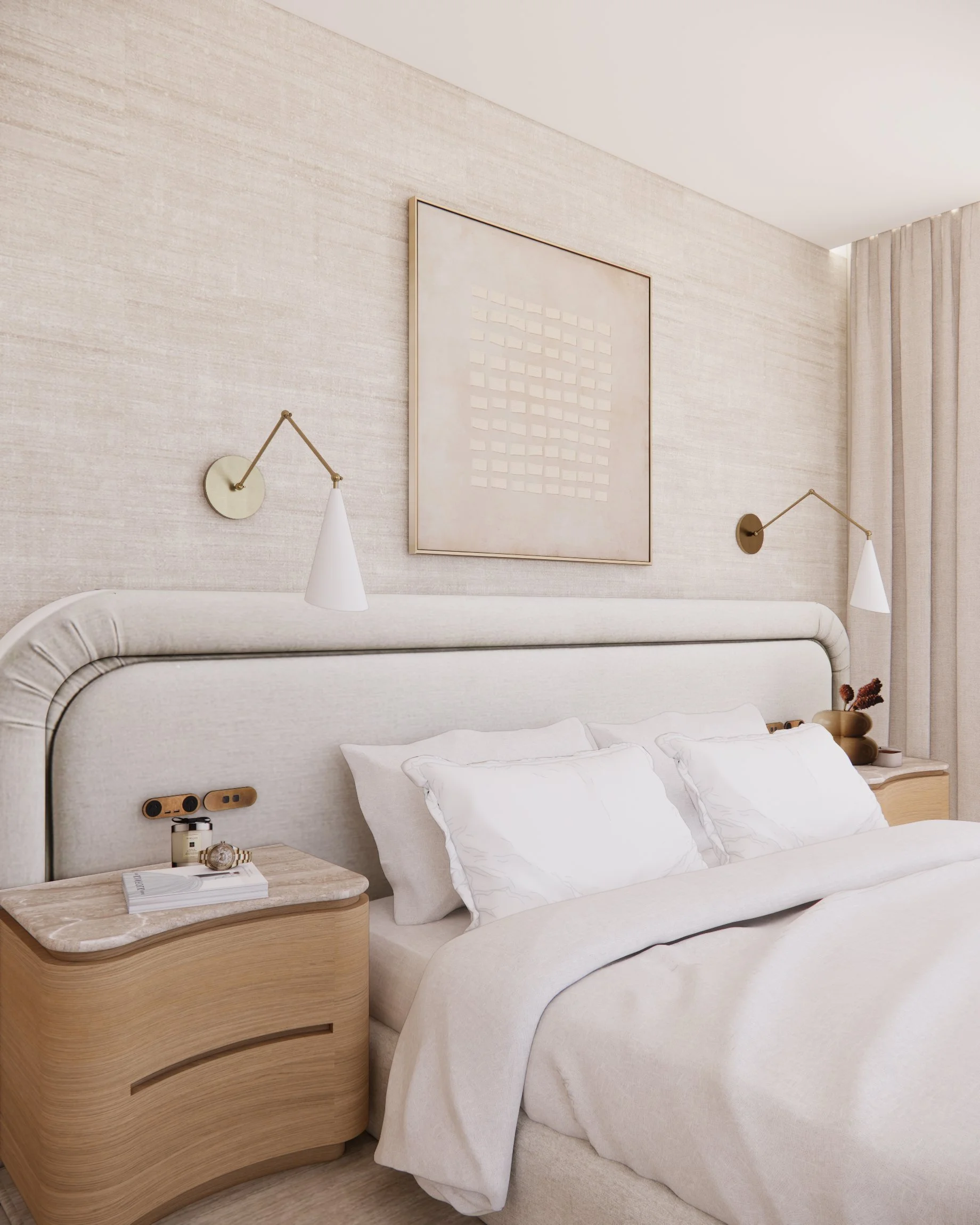 Soft neutral primary bedroom with custom curved headboard, sheer drapery, and warm minimal styling designed by TID Studio in Sydney