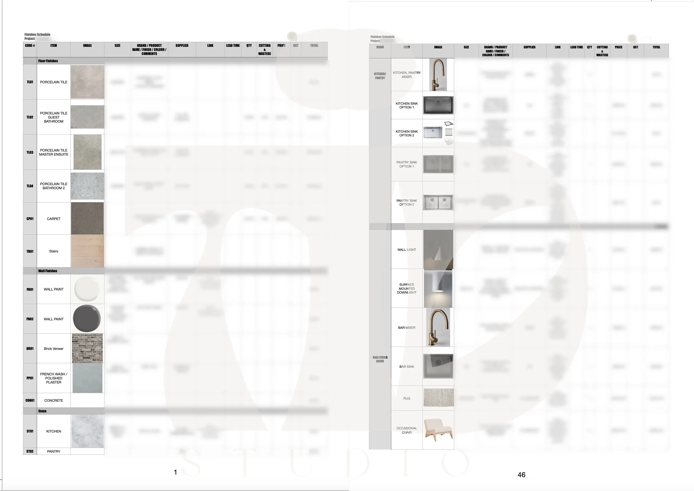 Finishes schedule outlining materials, fixtures, and key product selections.