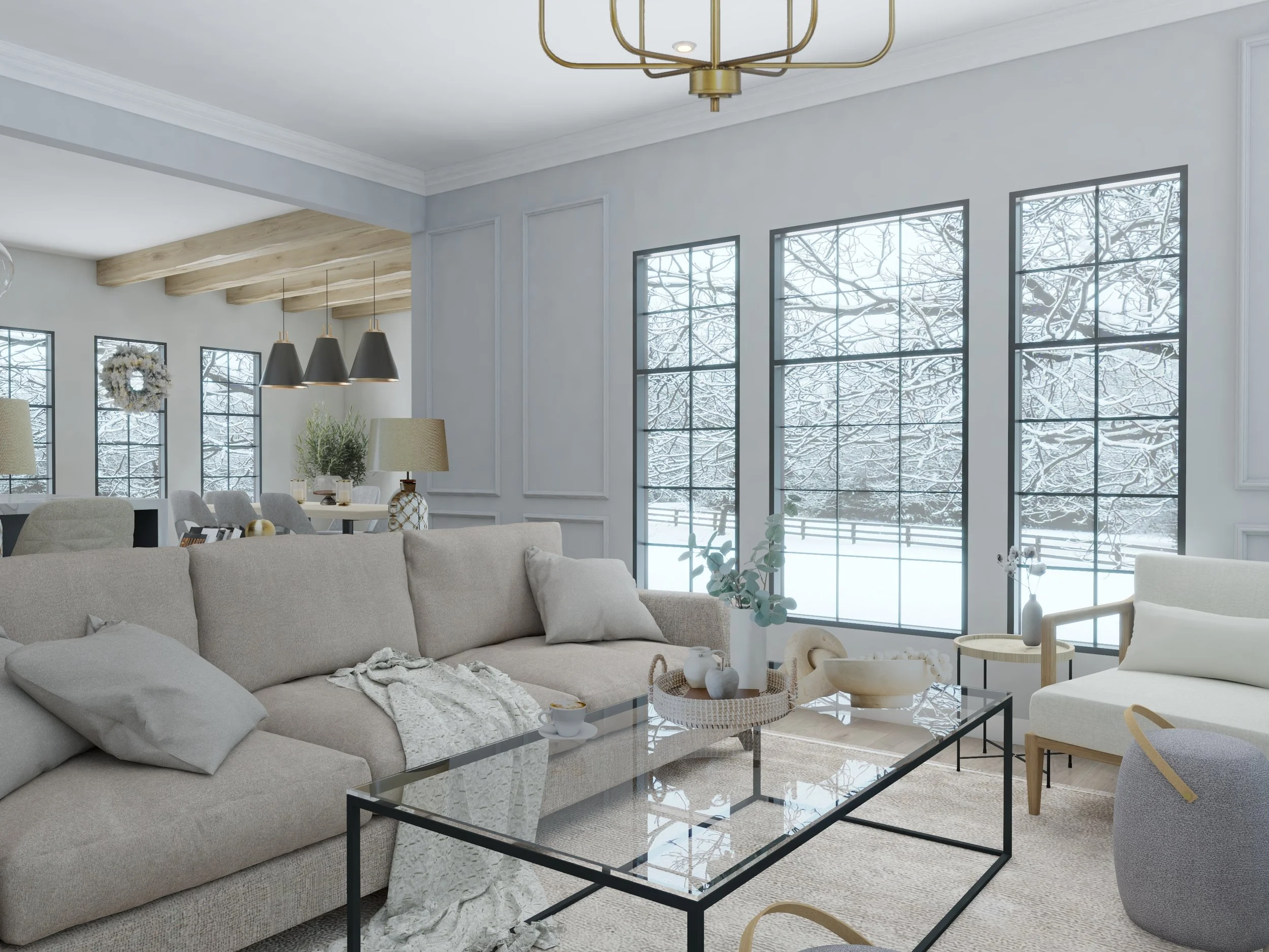 Modern farmhouse living room with white armchairs, artwork, and natural light