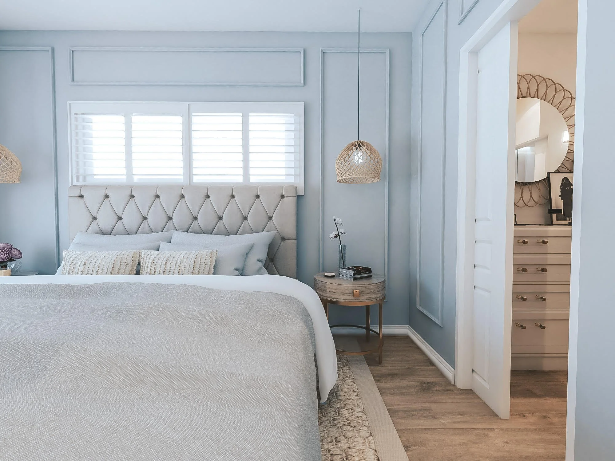 Hamptons-style master bedroom with tufted headboard and soft coastal palette, Fort Lauderdale
