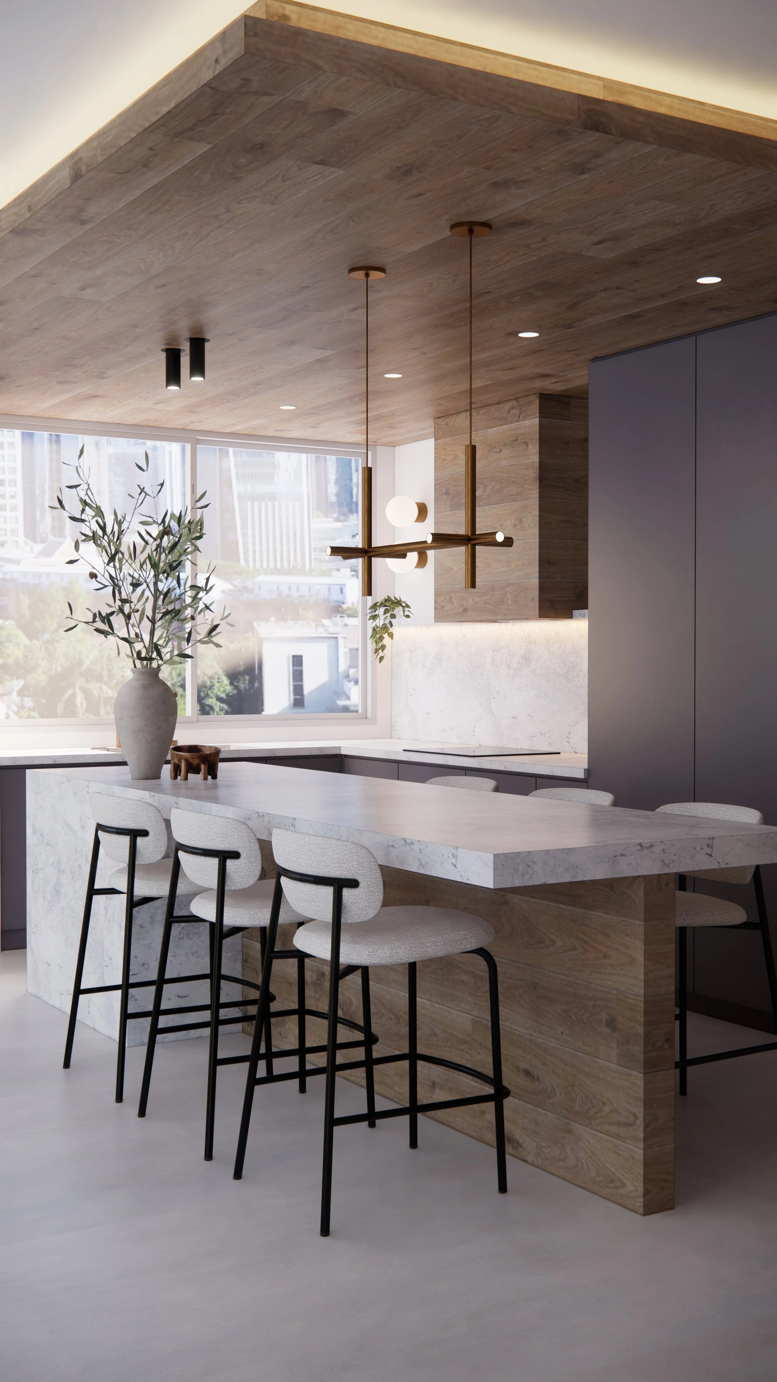 Kitchen renovation with warm timber ceiling planks and integrated rangehood in a Gold Coast apartment