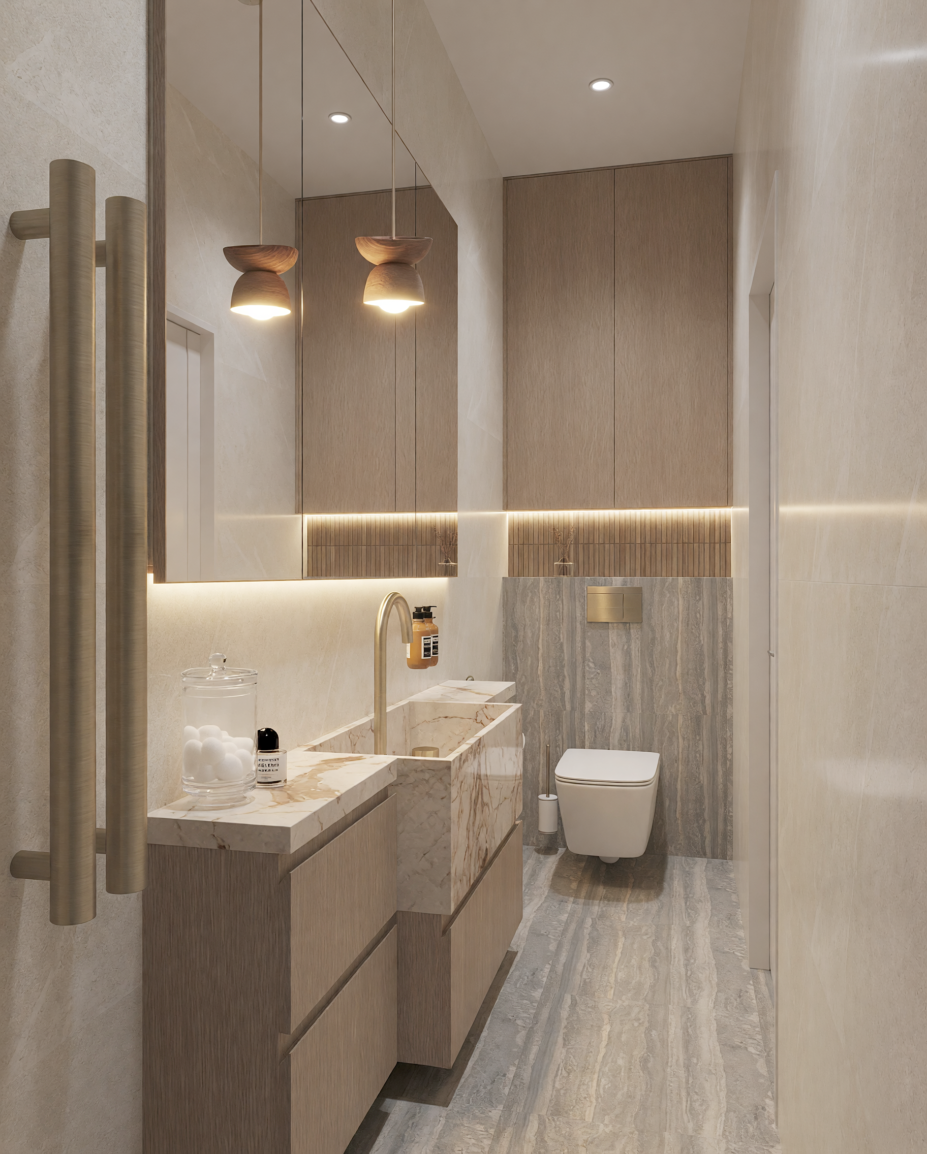 Modern master ensuite with double vanity, double shower, freestanding bathtub, bronze fixtures and contemporary lighting, designed by TID Studio