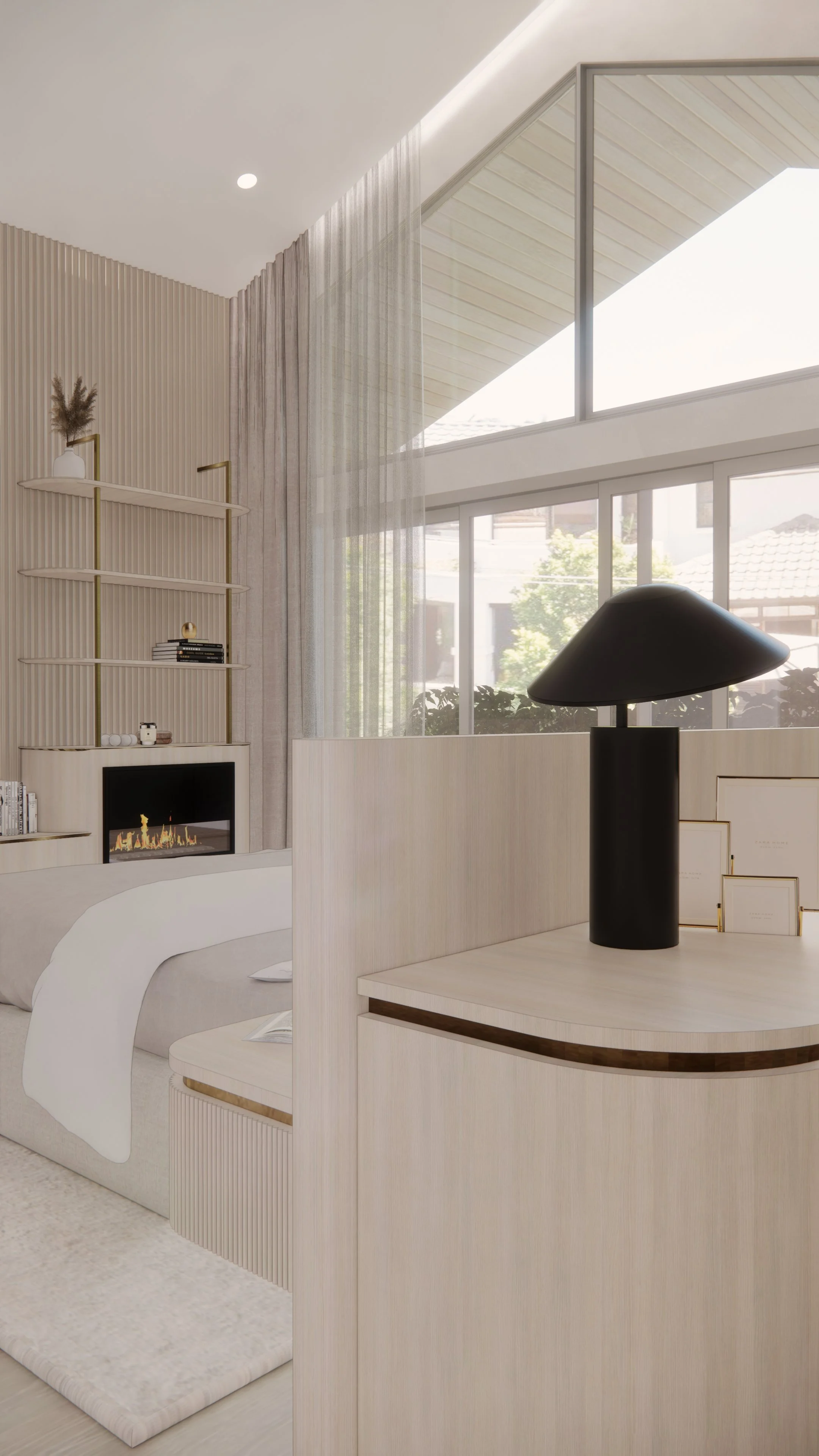 Master bedroom with upholstered neutral bedhead, soft curves and warm minimal textures — Auriga Residence by TID Studio, Brisbane