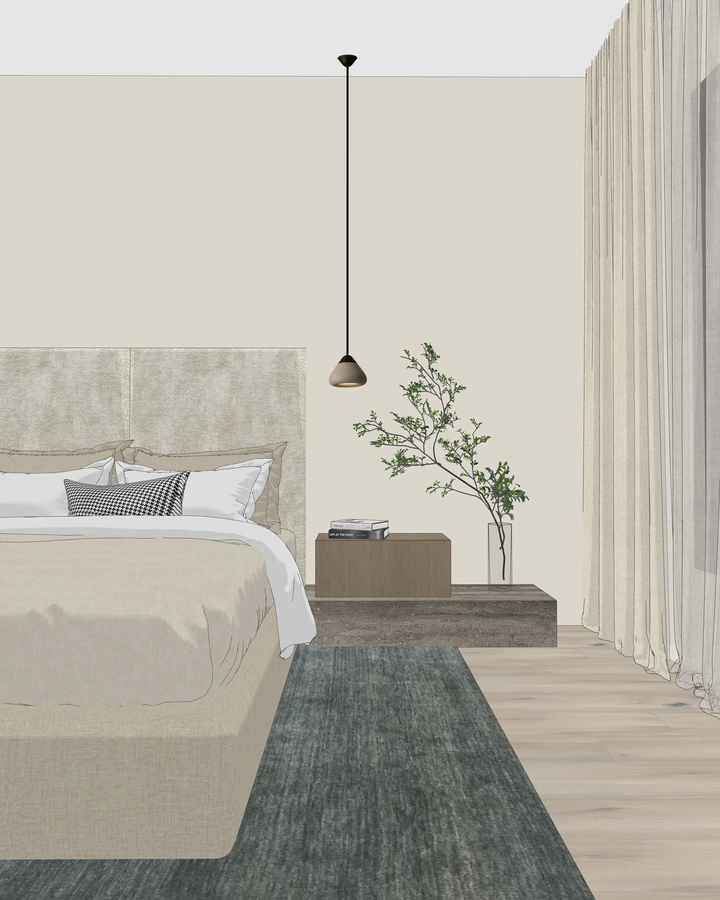 Neutral guest bedroom with textured upholstered bed, sculptural stone side table, and organic lighting