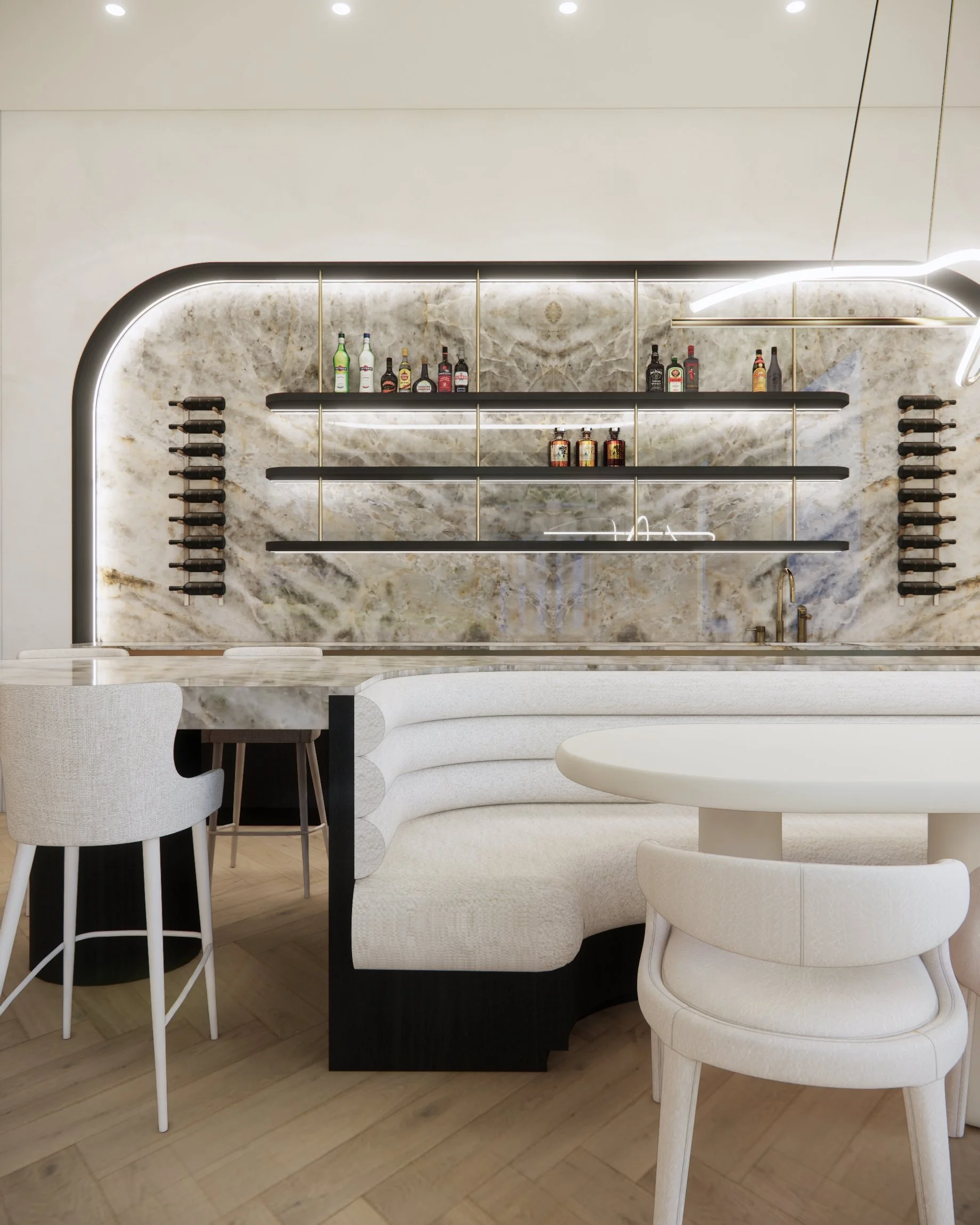 Soft neutral pool house with custom curved backlit bar and island with integrated banquette, modular sofa with fireplace anchored by stone benchseat on the sides, and warm minimal styling designed by TID Studio in Sydney