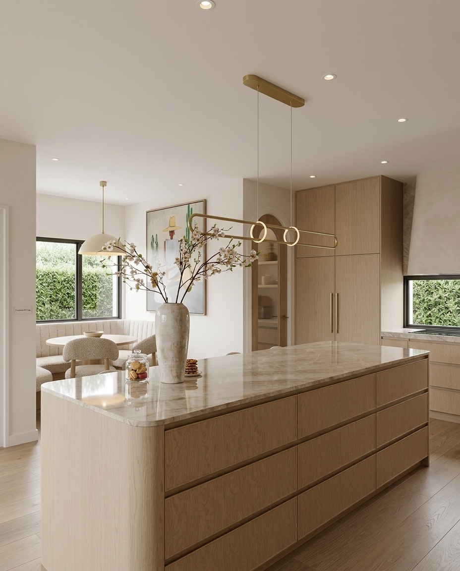 Custom banquette breakfast nook beside a contemporary open-plan kitchen, designed by TID Studio Sydney