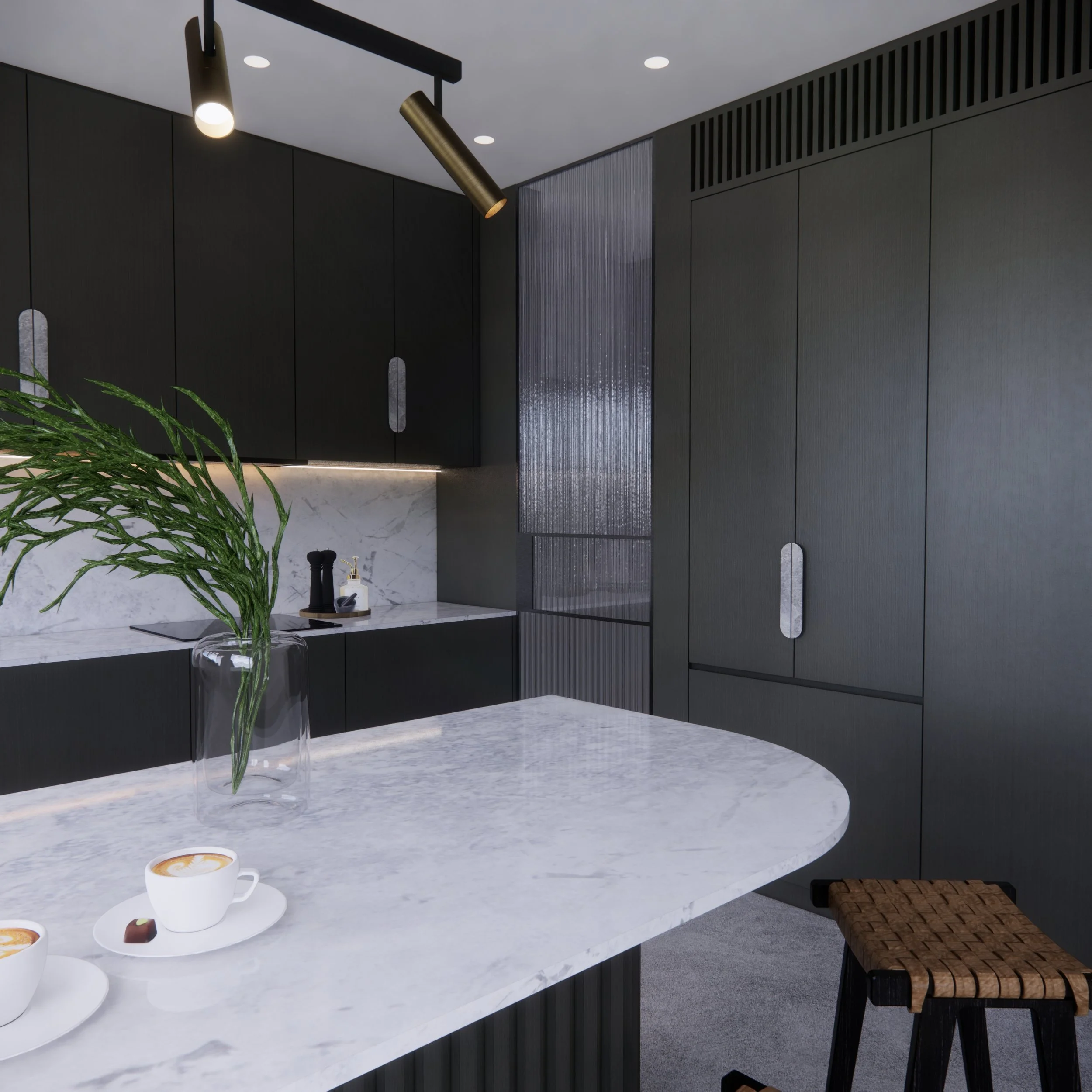 Modern moody kitchen featuring dark joinery and white stone splashback