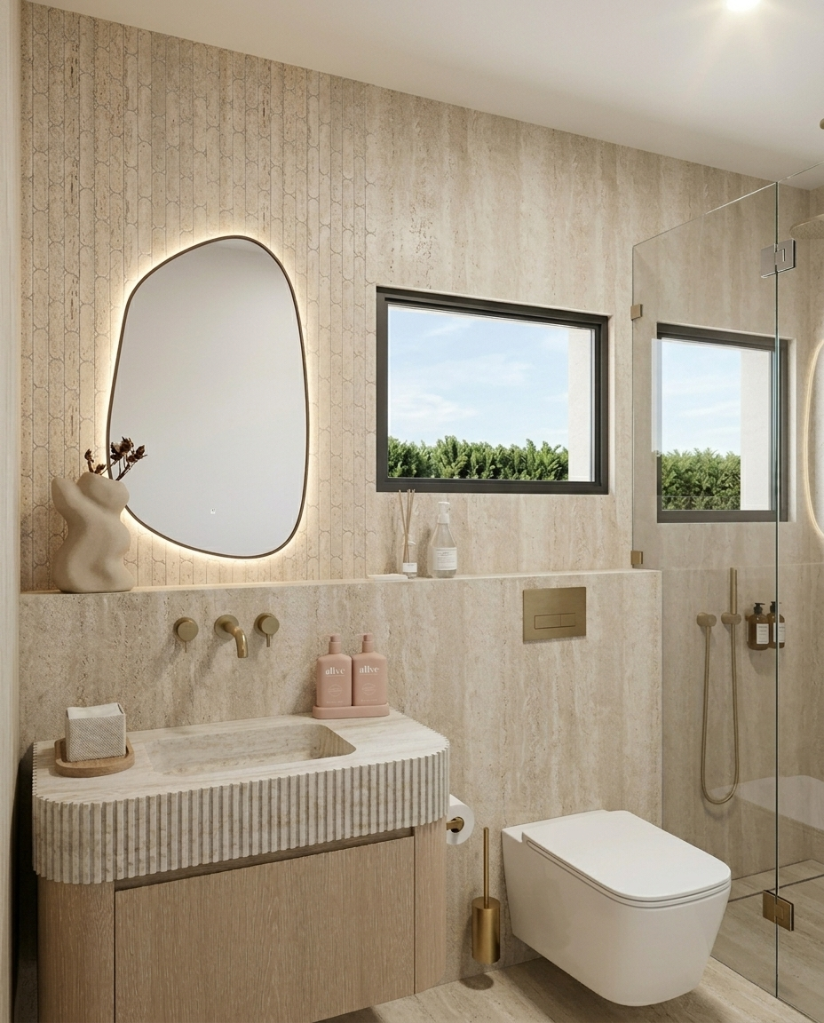 Modern powder room featuring travertine-look stone finishes and brass fixtures, designed by TID Studio Sydney