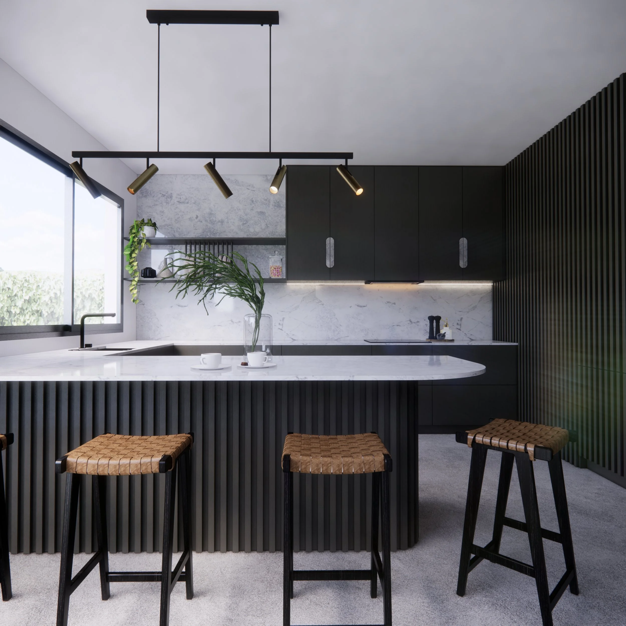 Fluted kitchen island with stone countertop in modern family home