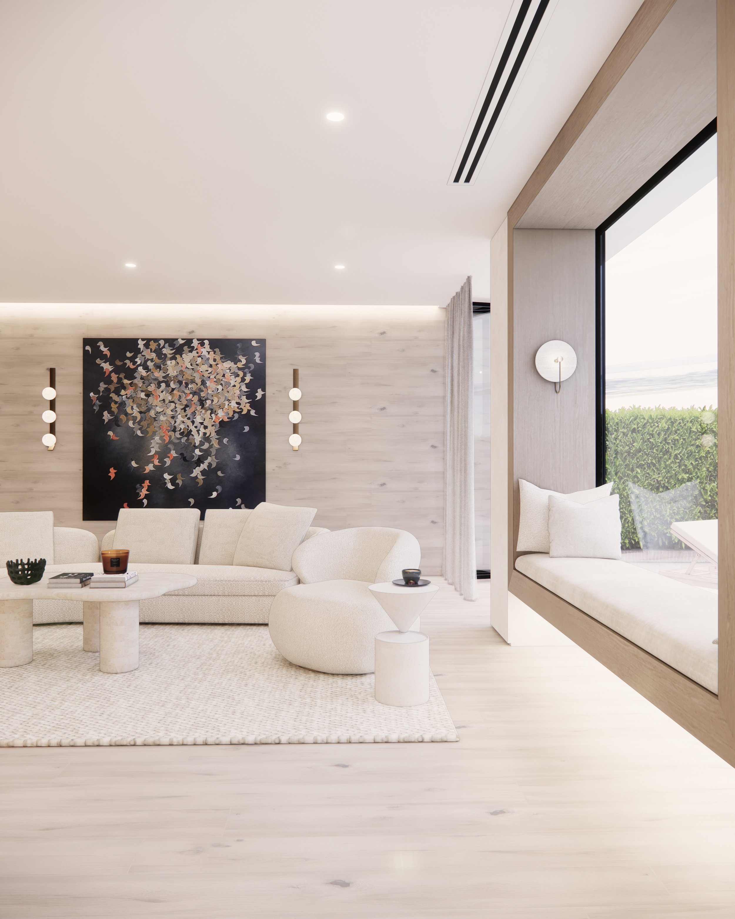 Contemporary coastal living room with curved fireplace, neutral textures, and large window seat overlooking the water — Sydney interior design by TID Studio