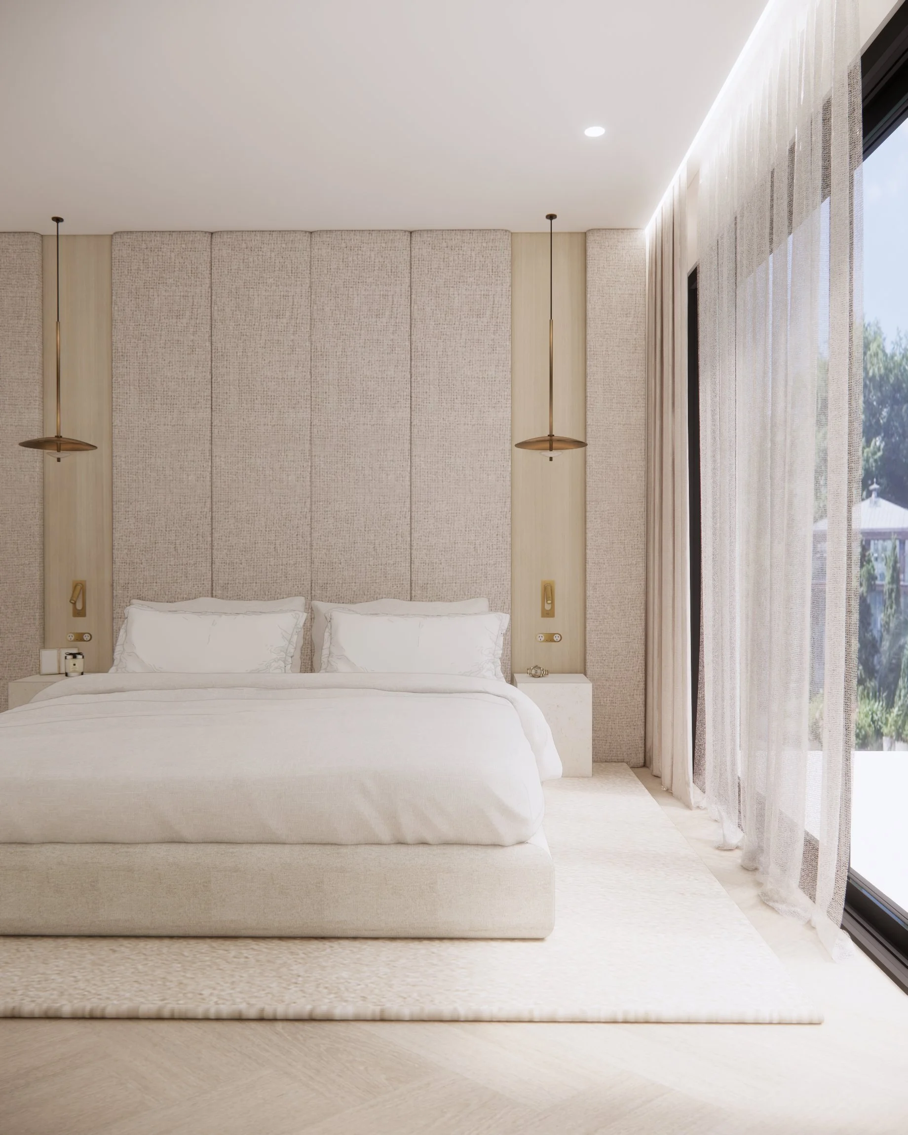 Serene master suite featuring curved fireplace wall, soft neutral palette, and layered textures
