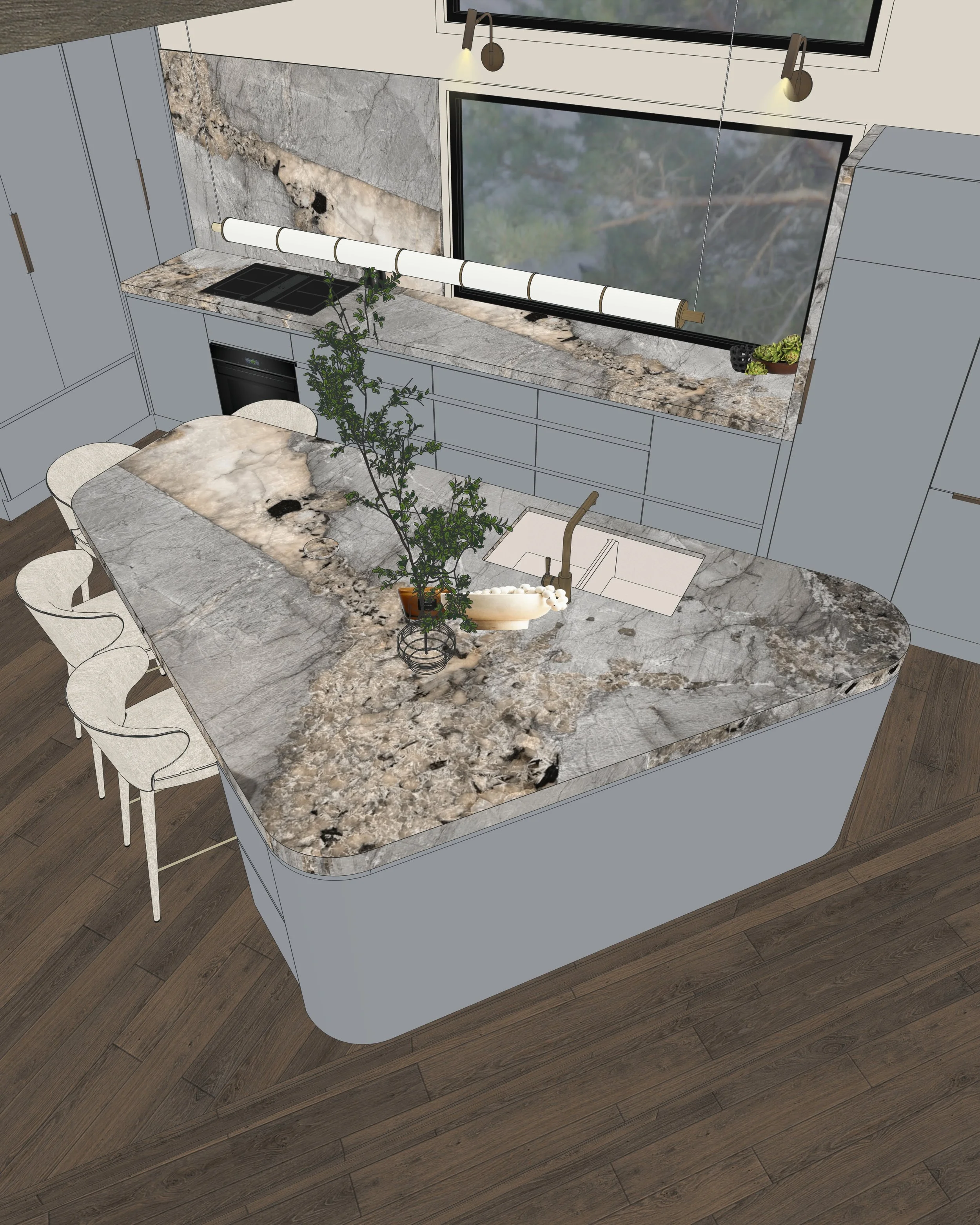 Contemporary timber kitchen with sculpted stone island overlooking mountain views — modern mountain chalet renovation, interior design by TID Studio