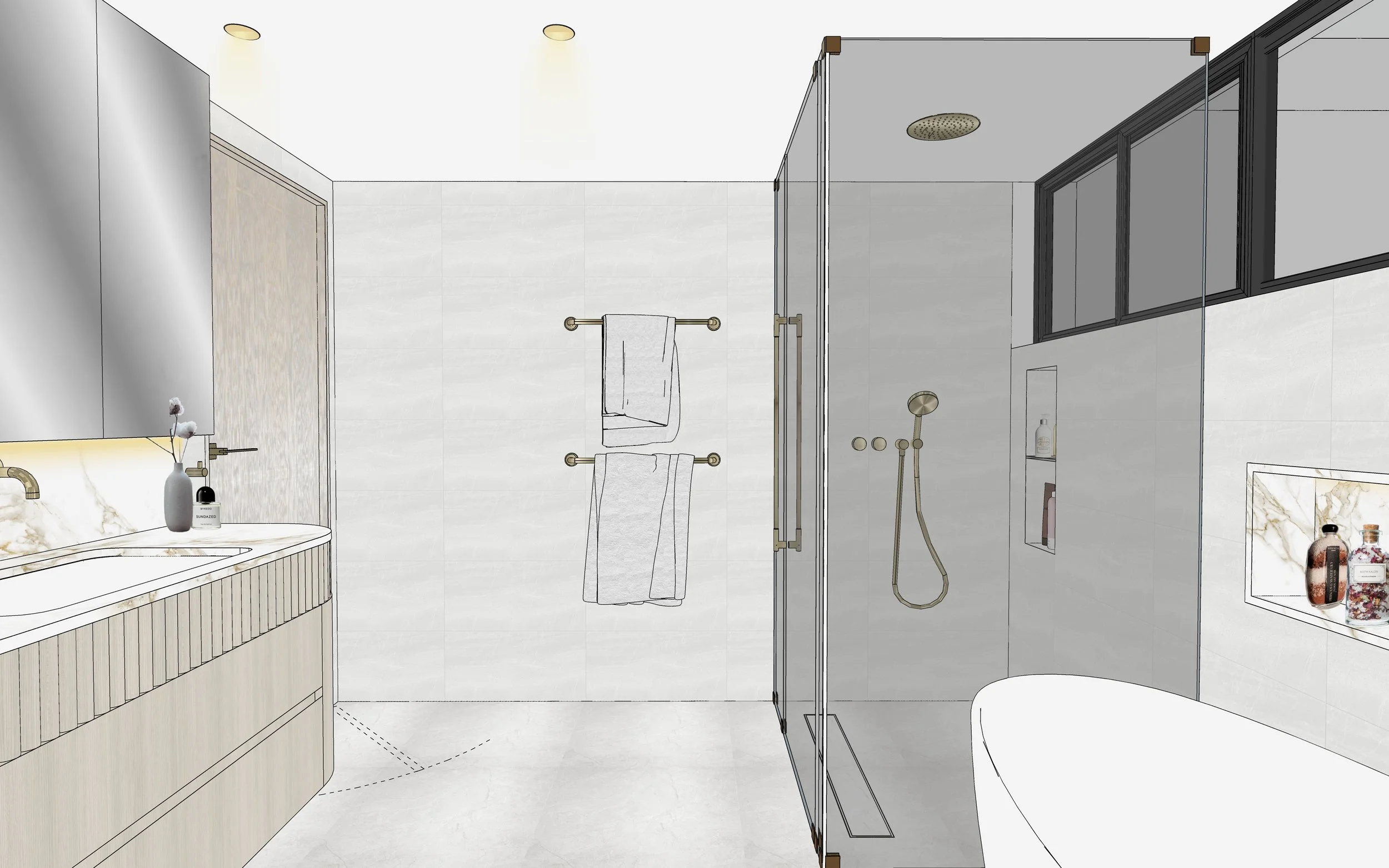 Light-filled ensuite featuring freestanding bath and marble niche shelf