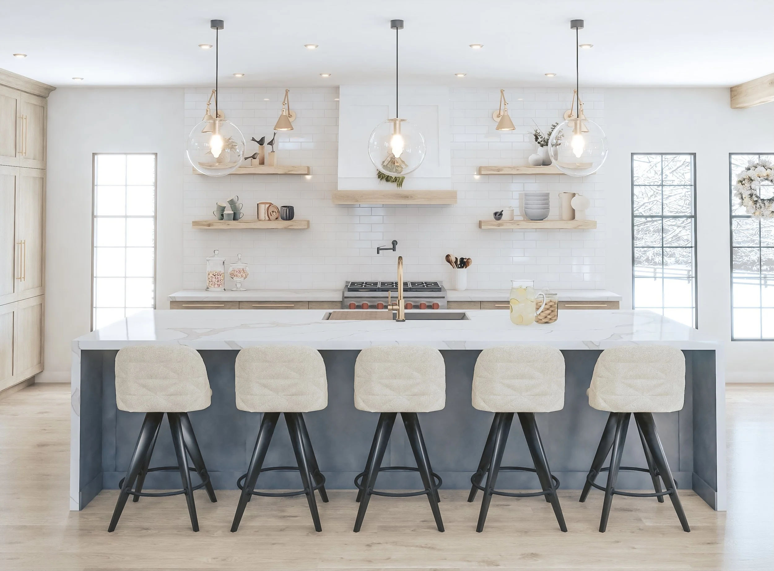 Kitchen renovation featuring navy island, upholstered bar stools, and open shelving in modern farmhouse style