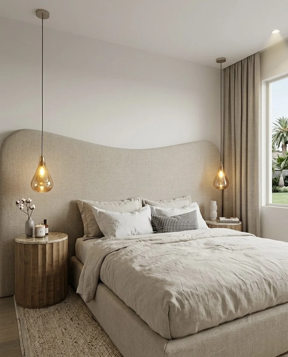 Warm minimalist primary bedroom with natural materials and custom joinery, designed by TID Studio Sydney