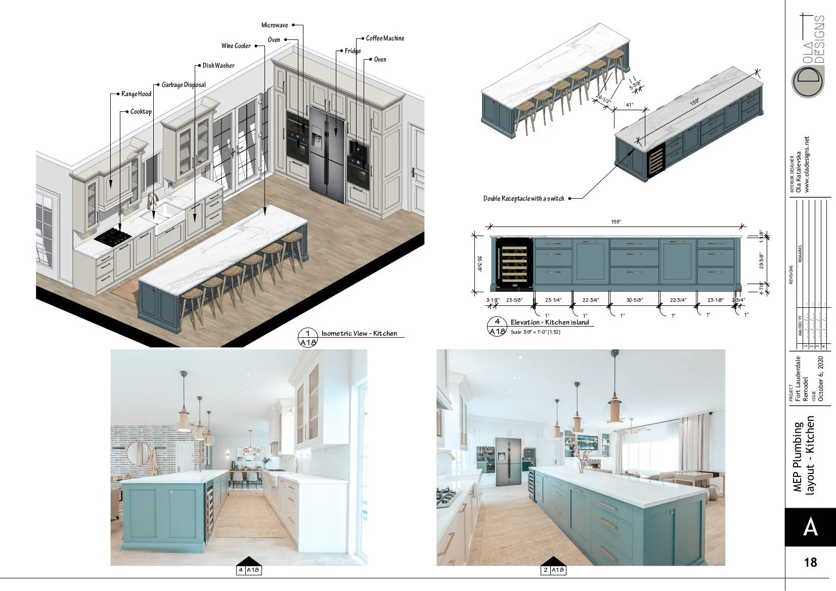 Hamptons-style open plan living room and kitchen, designed by TID Studio in Florida. Example Interiors Drawings Set