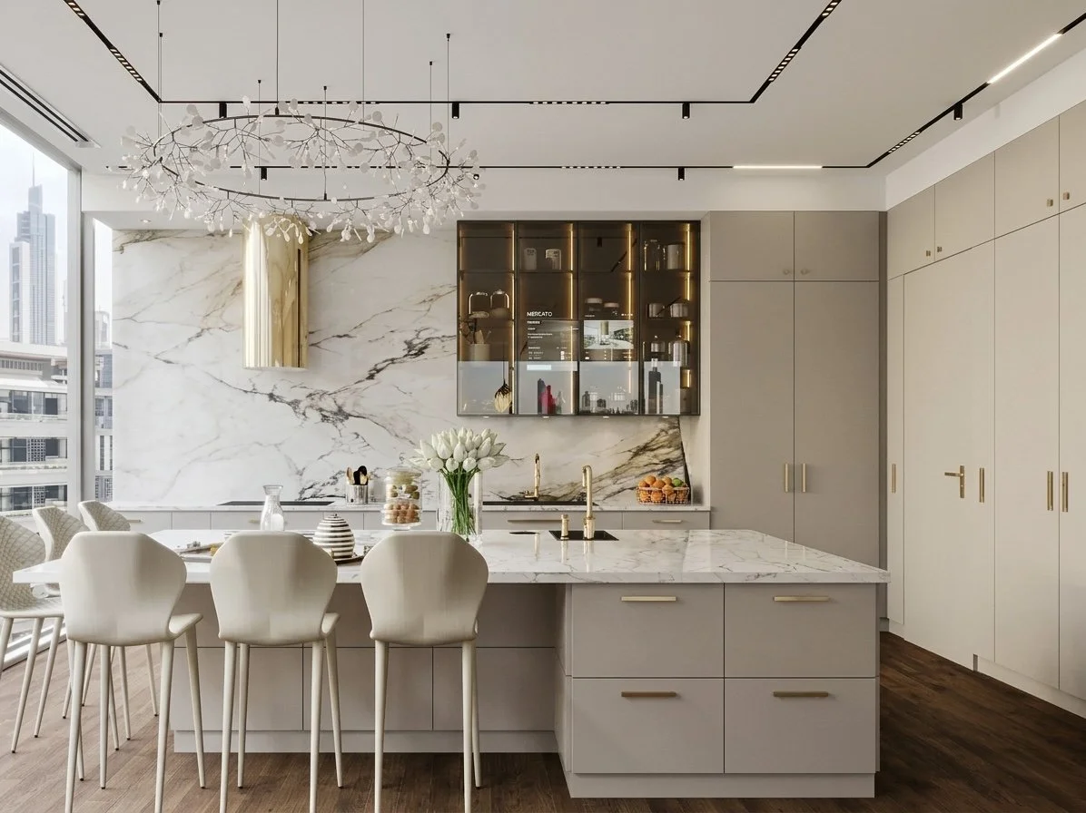 Luxury kitchen with Calacatta marble island, integrated appliances, and illuminated glass cabinet