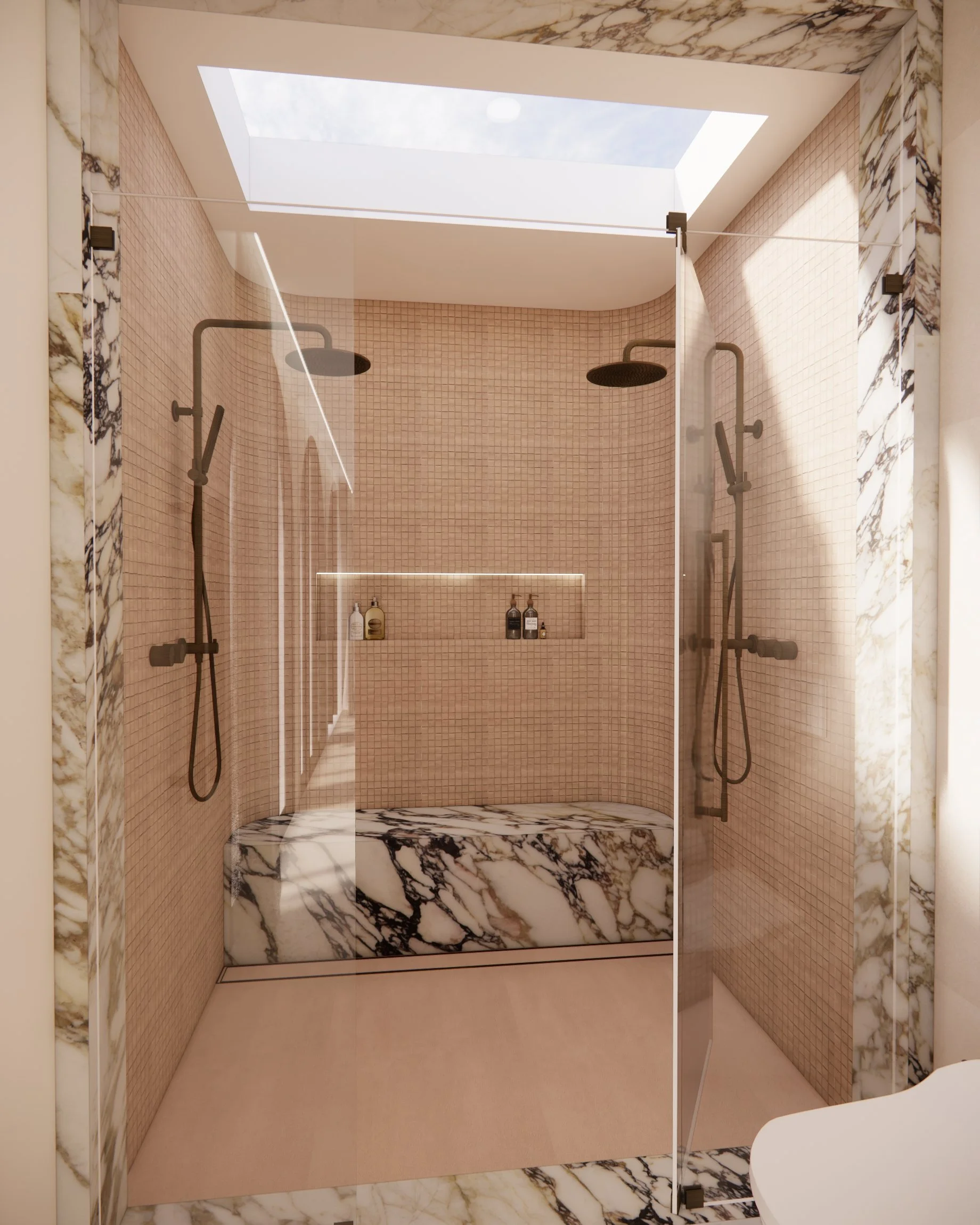 Luxury primary bathroom with carved marble vanity, double shower, and warm minimal finishes in Sydney