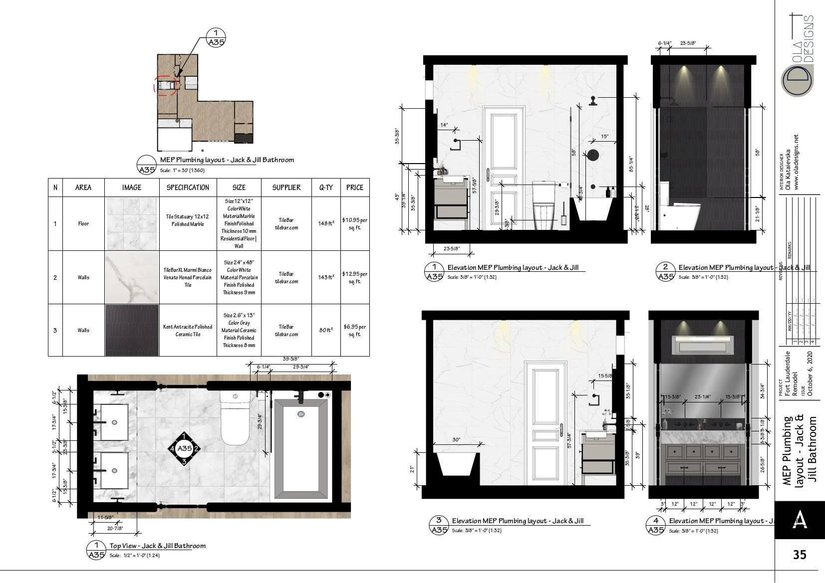 Hamptons-style open plan living room and kitchen, designed by TID Studio in Florida. Example Interiors Drawings Set