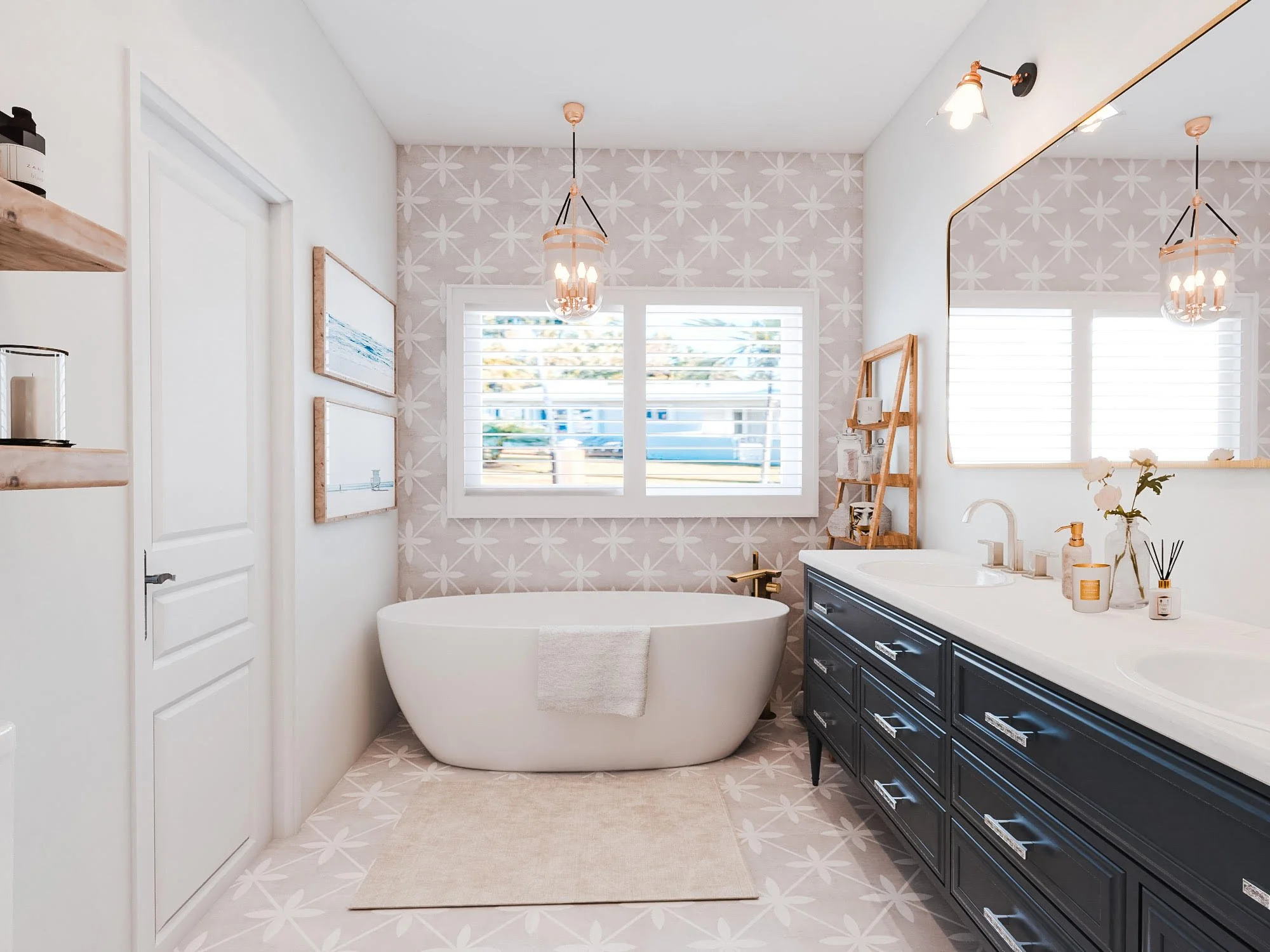 Soft coastal bathroom with freestanding tub and patterned tiles in a Hamptons-style design