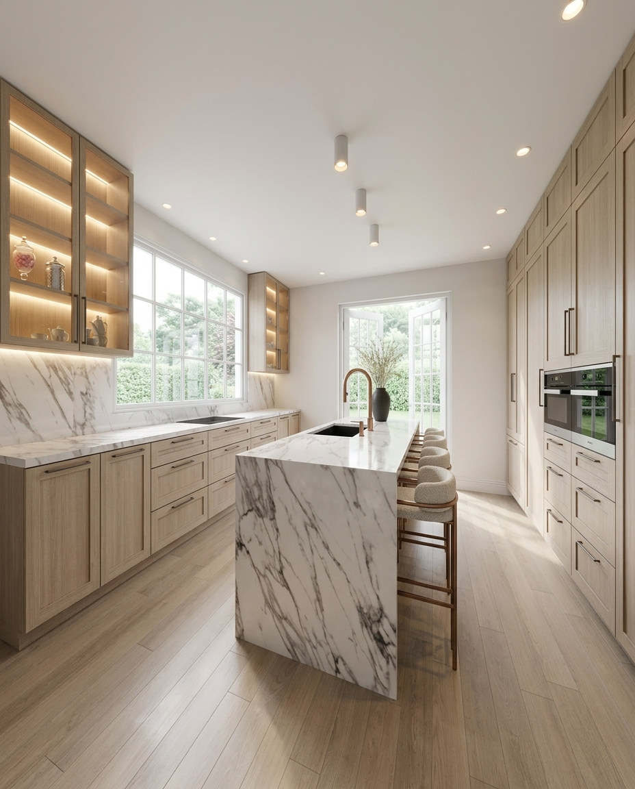 Modern farmhouse kitchen island with waterfall stone benchtop and casual seating in a Brisbane family home