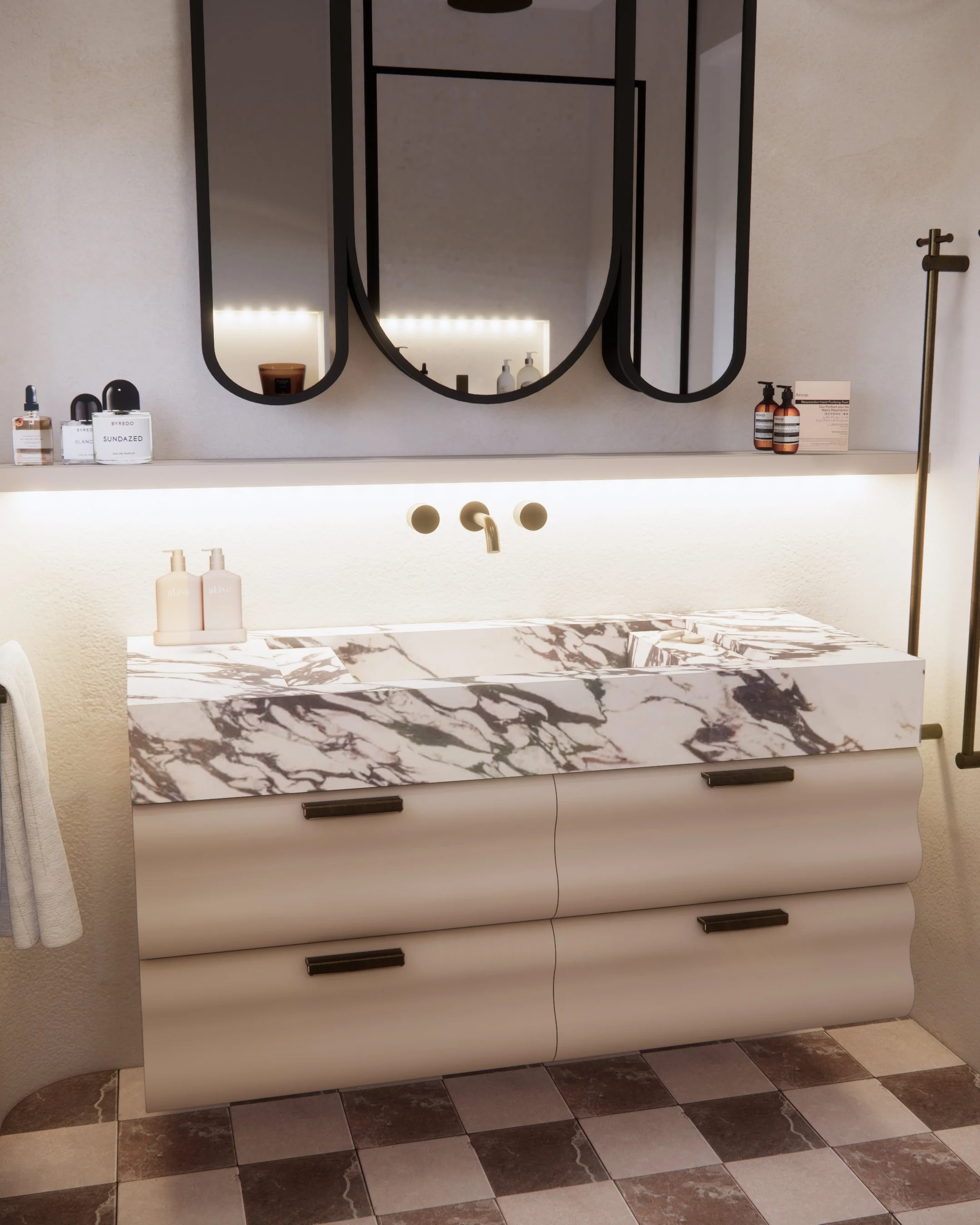 Master ensuite with scalloped vanity and soft neutral palette designed by TID Studio