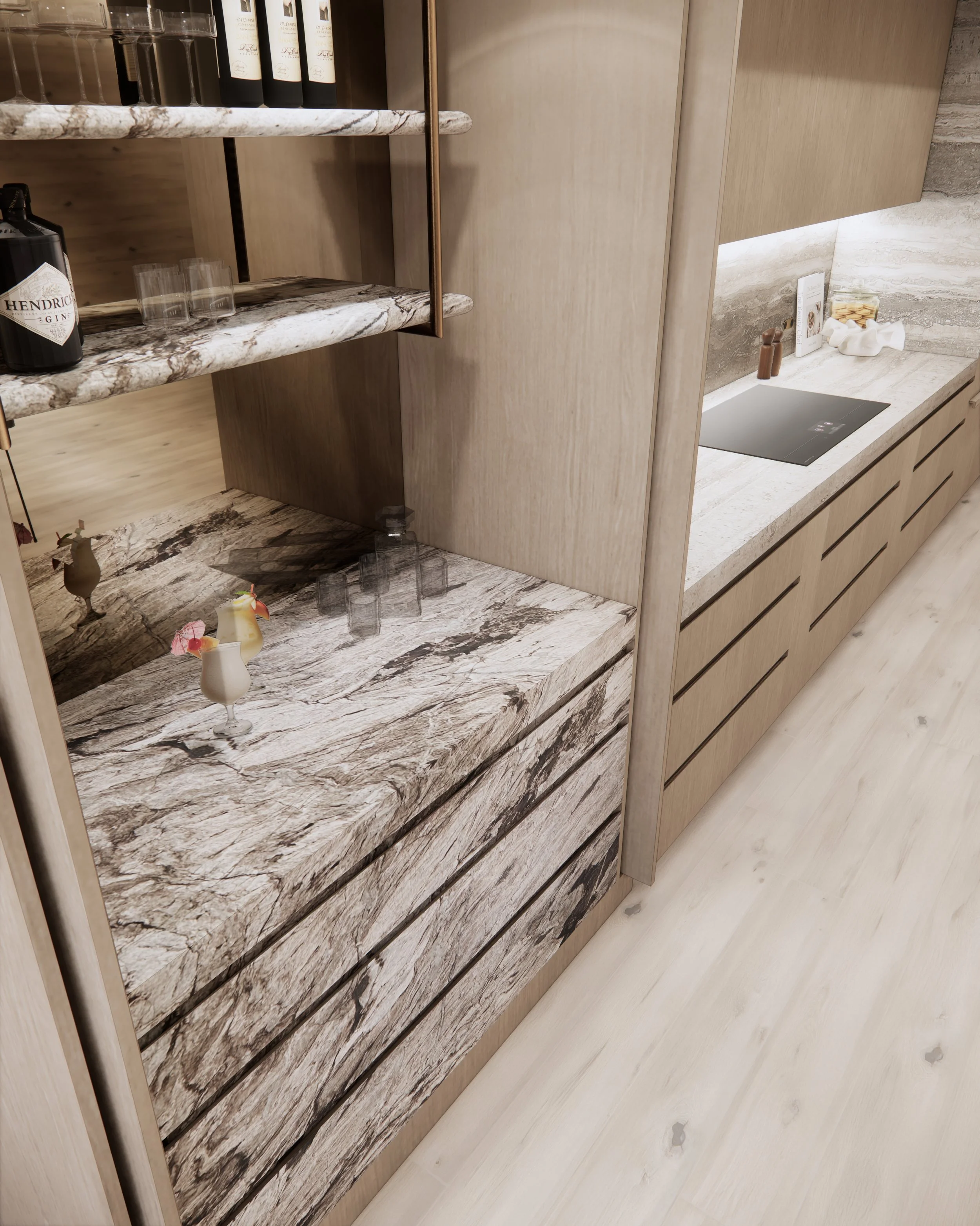 Travertine kitchen island with curved base, warm timber cabinetry, and coastal contemporary palette