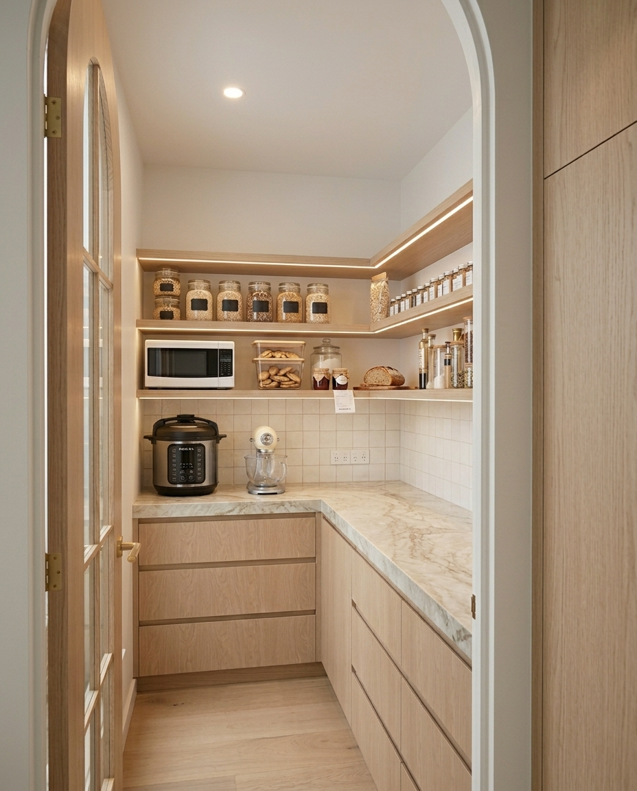 Walk-in pantry with arched doorway and custom oak joinery, designed by TID Studio Sydney