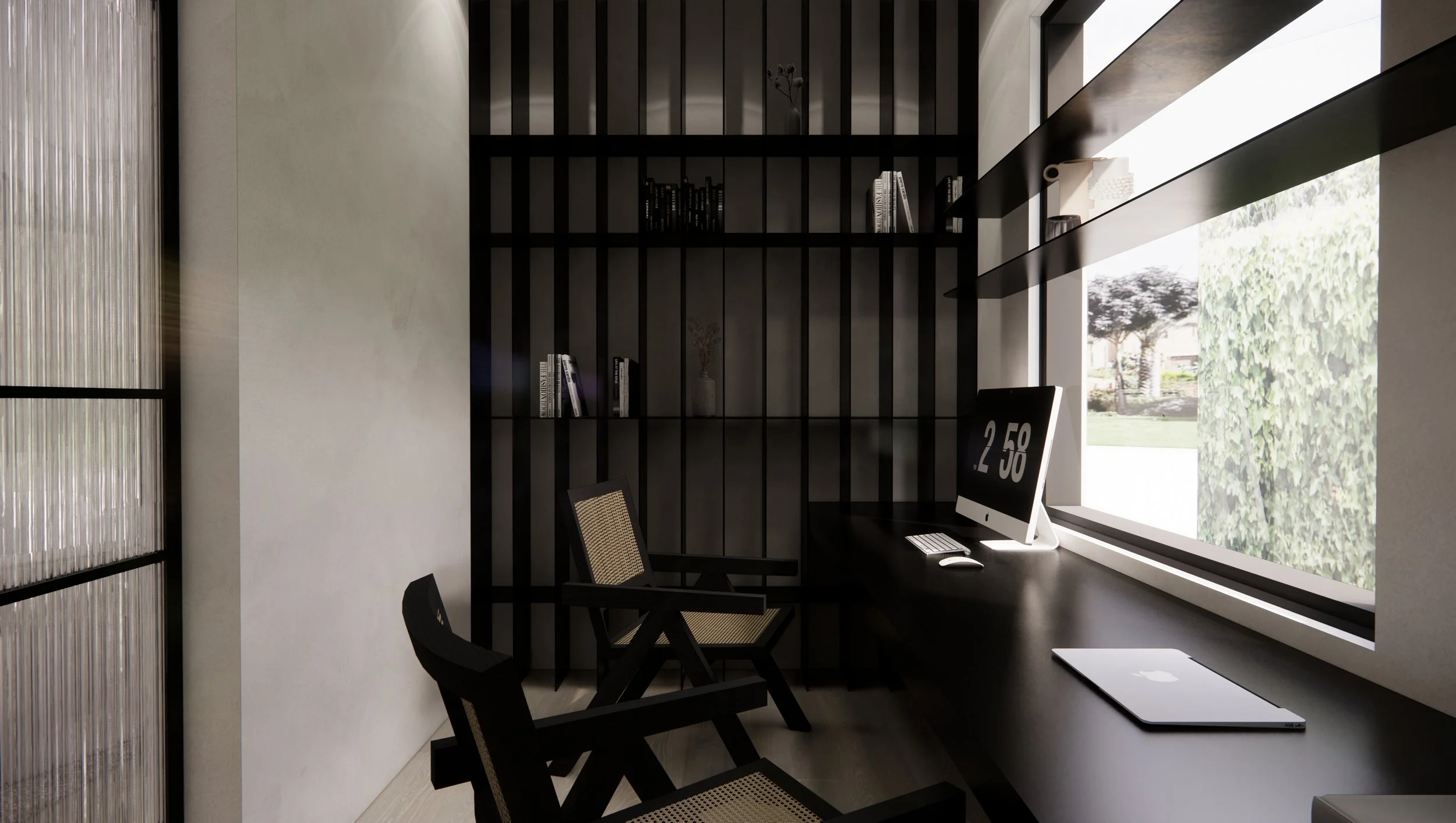 Black timber home office with textural glass door and natural light