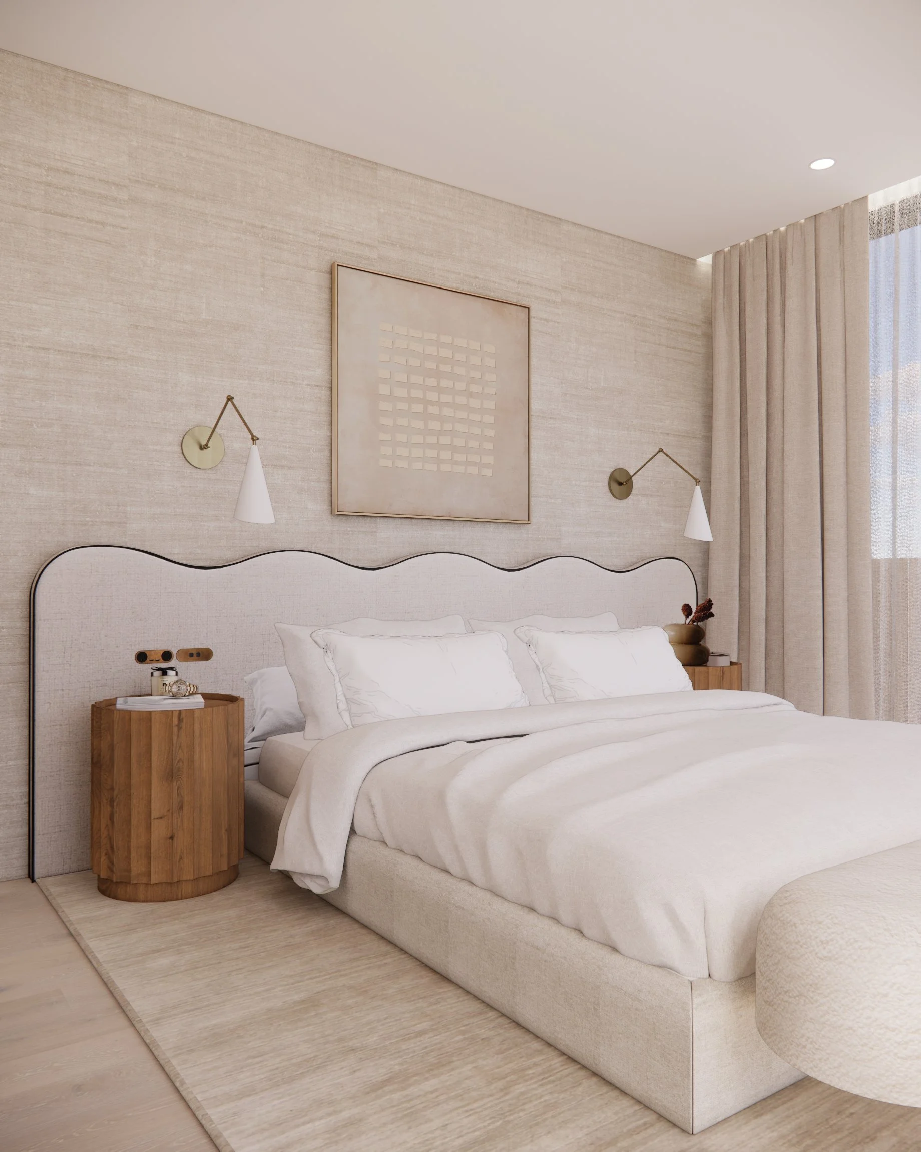 Soft neutral primary bedroom with custom curved headboard, sheer drapery, and warm minimal styling designed by TID Studio in Sydney