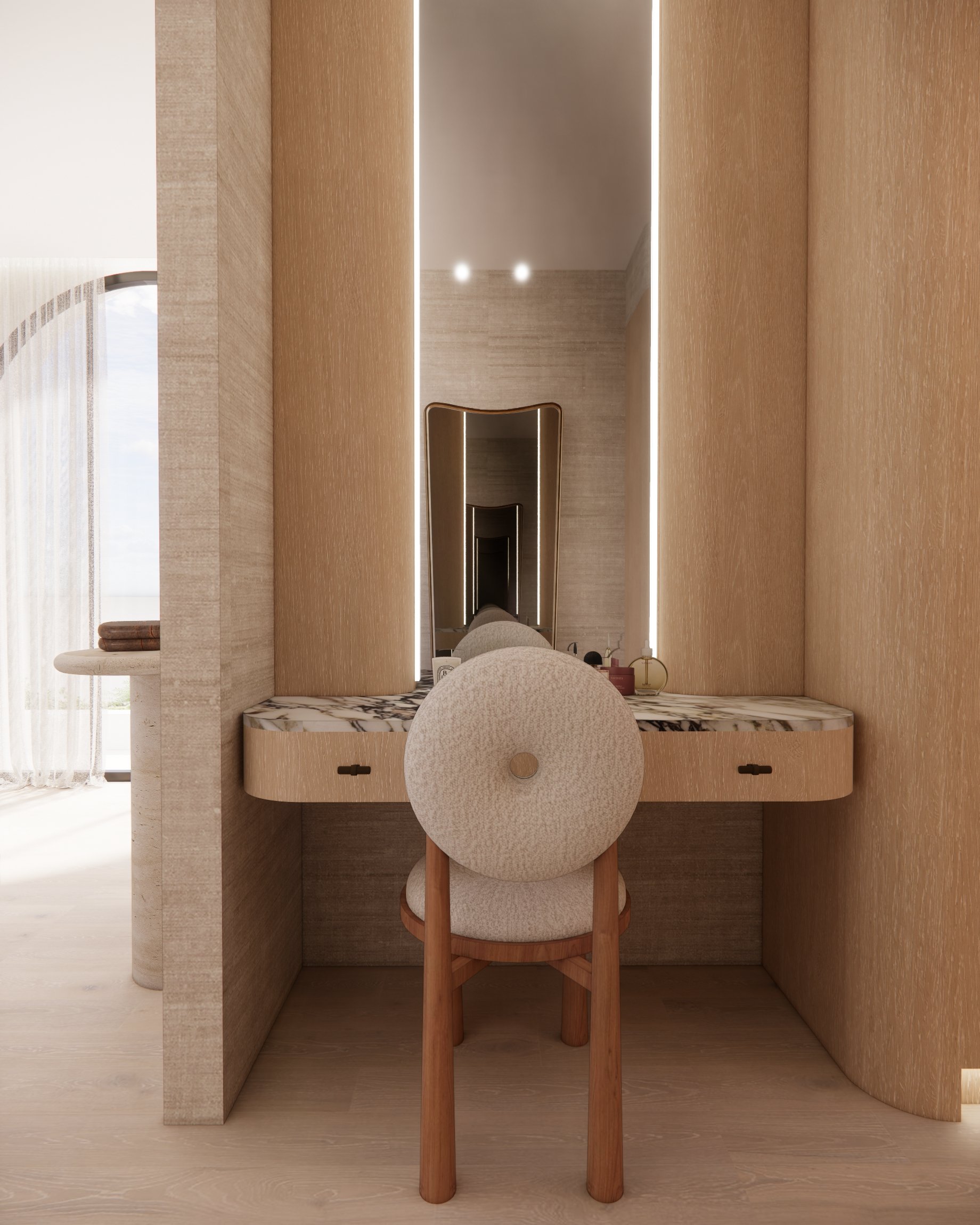 Warm Scandinavian-inspired joinery in Walk-in-Closet with curved cabinetry and marble countertop make-up desk in a contemporary Sydney residence