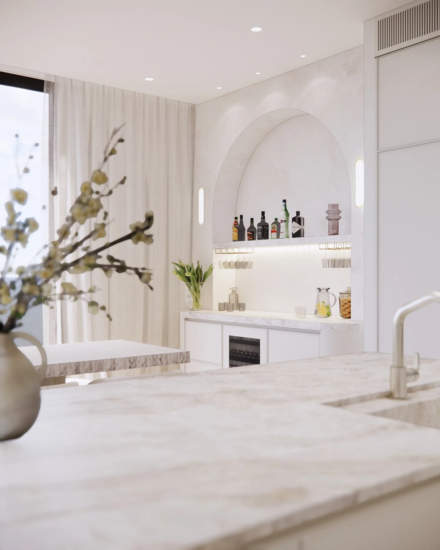 ✨ Continuing with our home bar highlight time! ✨
This one&rsquo;s all about calm luxury &mdash; a soft, sculptural bar nook that feels right at home in a modern interior.
The arched wall detail adds a subtle architectural statement, balanced by smoot