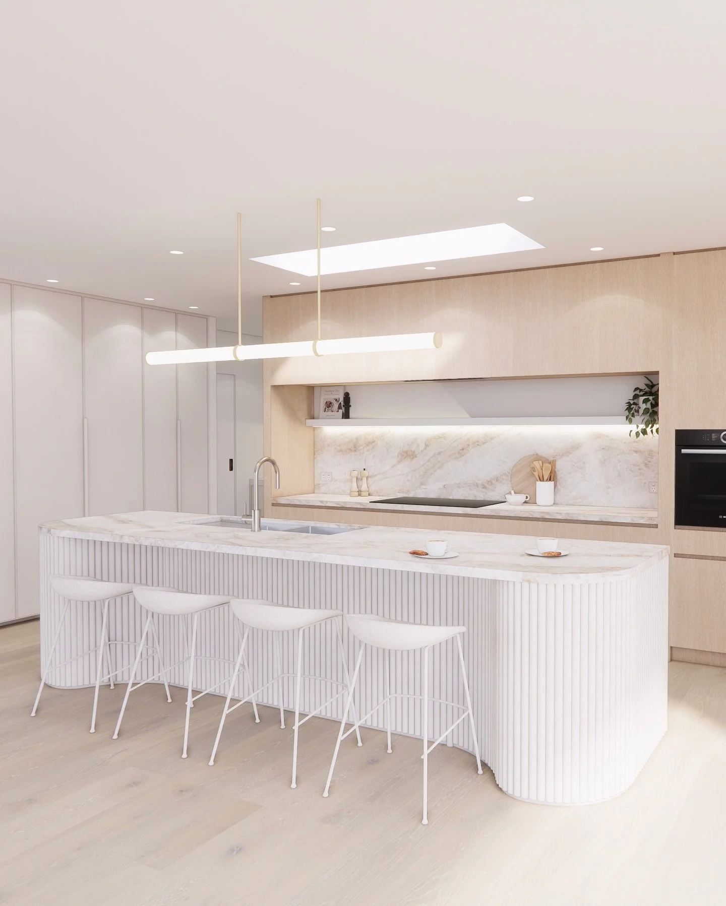 A kitchen that feels calm, timeless, and effortlessly functional 🤍

This design brings together soft curves, natural oak cabinetry, fluted details, and a seamless stone benchtop + splashback to create a space that feels both elegant and inviting. Th