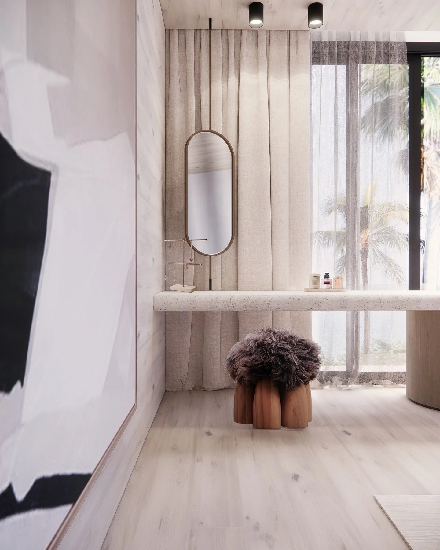 Soft textures, gentle curves, and a palette of creamy neutrals create a bedroom that feels like a retreat. ✨

The upholstered bed and travertine bedside table bring together comfort and timeless materials, while the sculptural pendant lights add a su