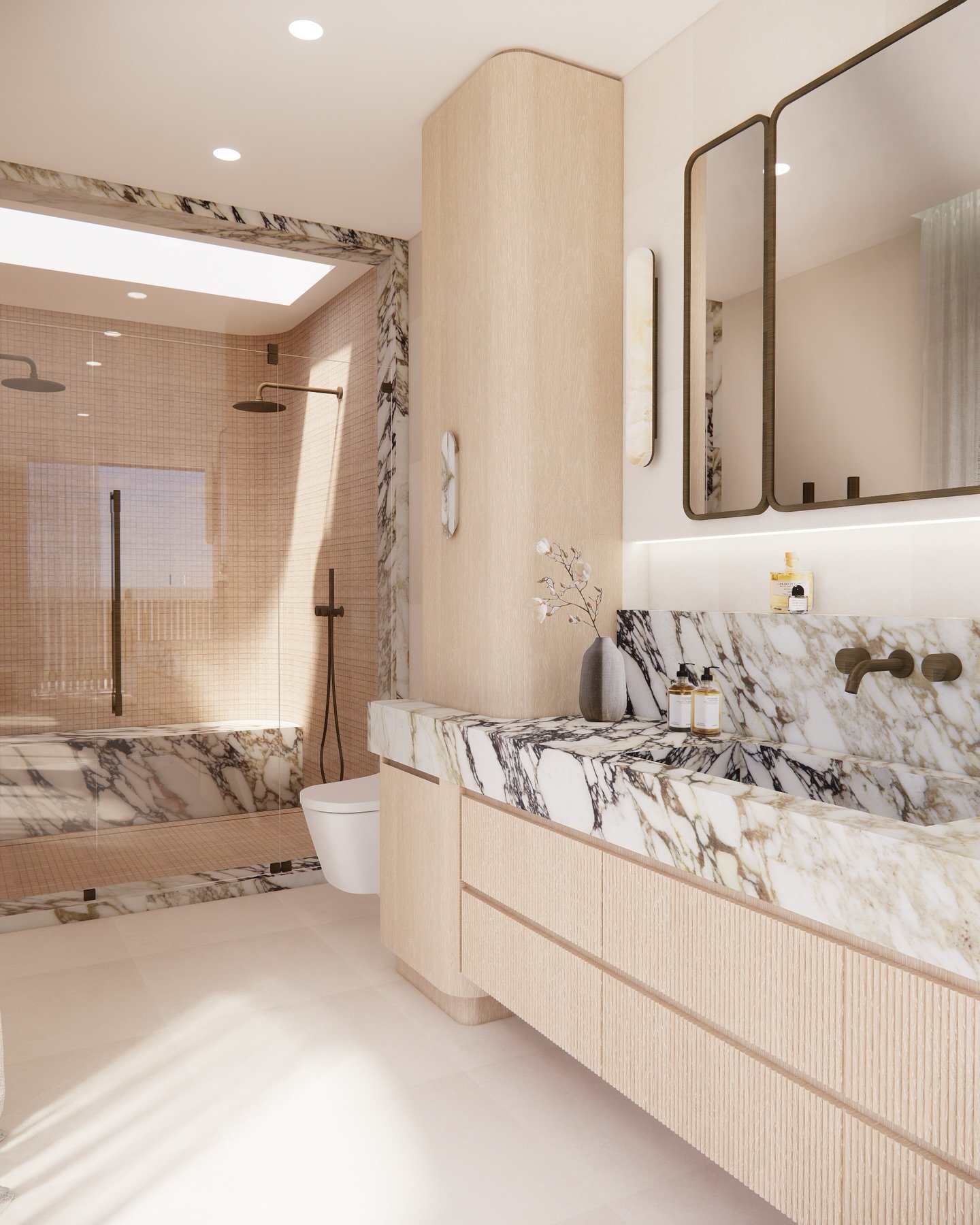 A few more sneak peeks from our recent Sydney design presentation &mdash; this time, the primary ensuite.

Soft oak tones, sculptural stone, gentle curves and that beautiful arched glazing all come together to create a space that feels calm, indulgen