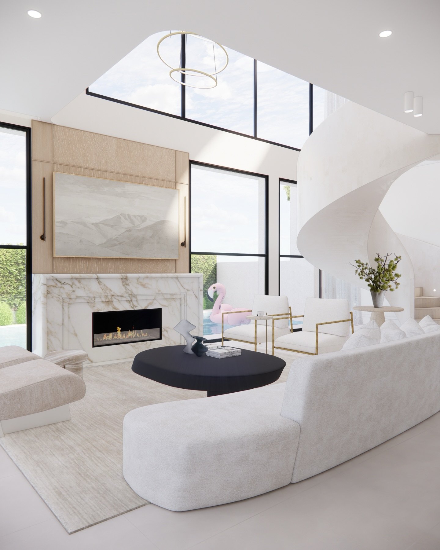 Kicking things off with this light-filled living room from our Sydney project &mdash; a space designed around flow, softness and a little bit of drama. Sculptural sofa anchor the room, the marble fireplace becomes a quiet focal point, and that curved