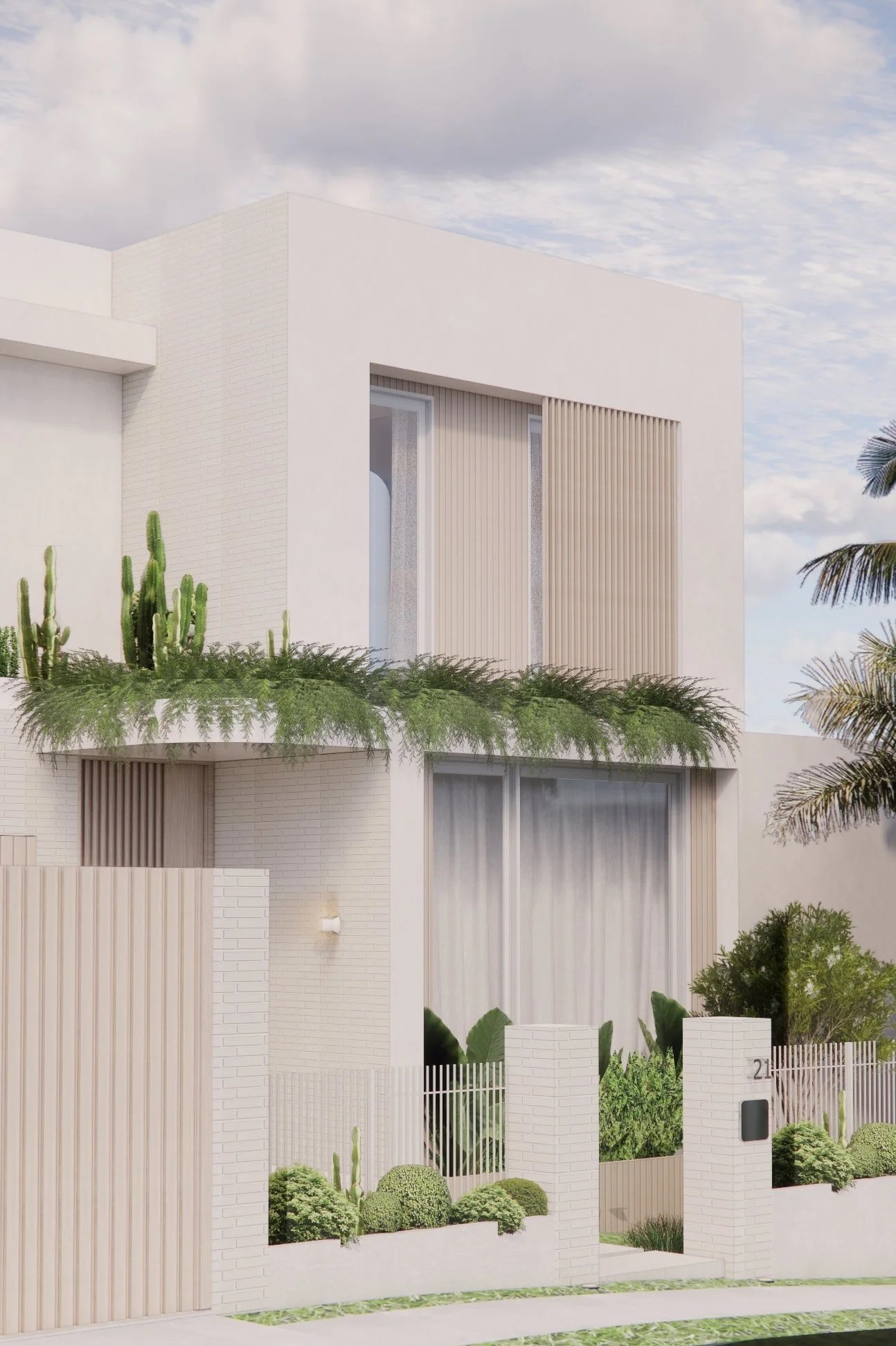 Contemporary facade in a minimal-luxe Melbourne home.