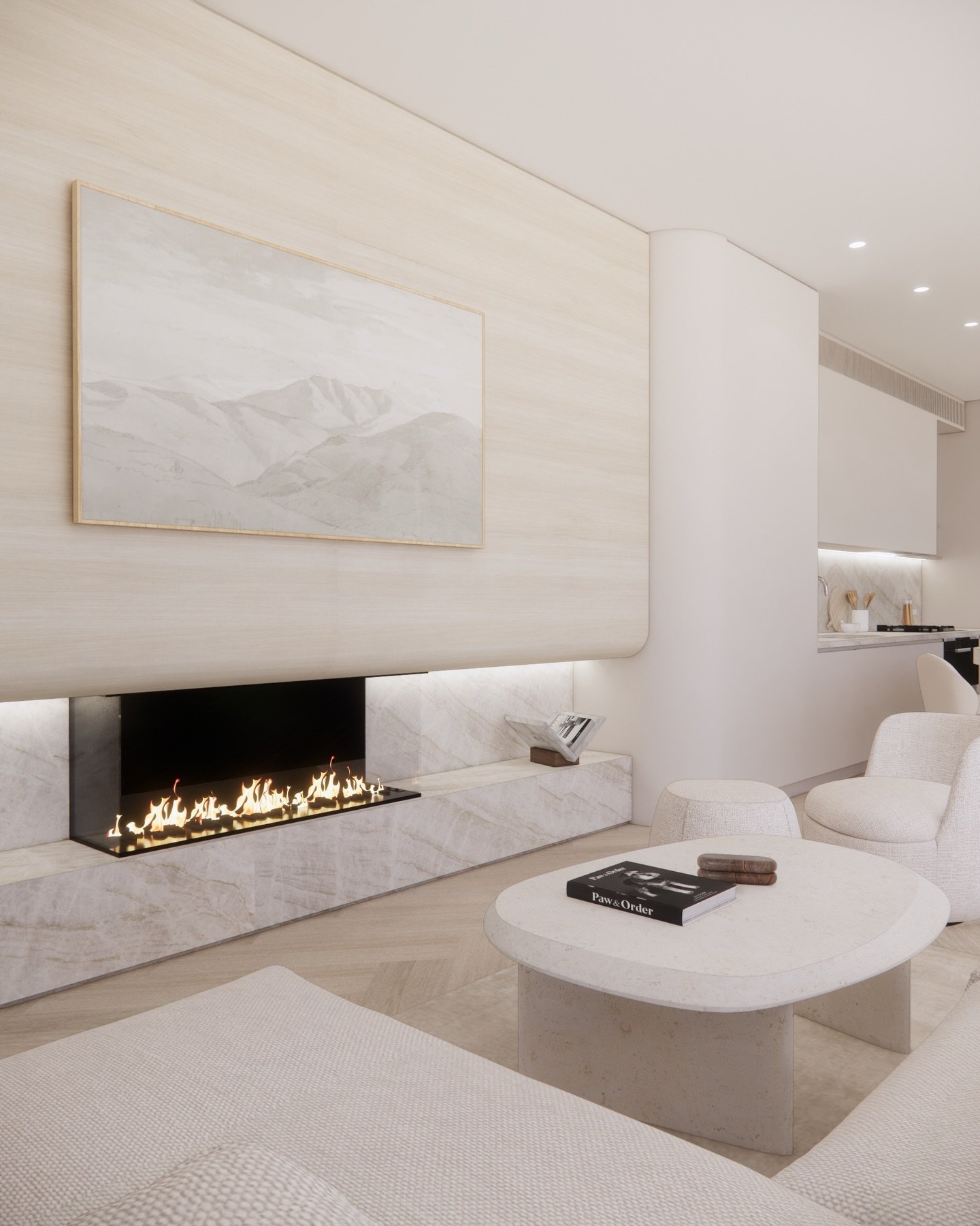 A living space designed for calm moments and effortless comfort. Soft curved architecture gently frames the room, while a warm neutral palette creates a sense of lightness and quiet luxury throughout.

The fireplace becomes a subtle focal point &mdas