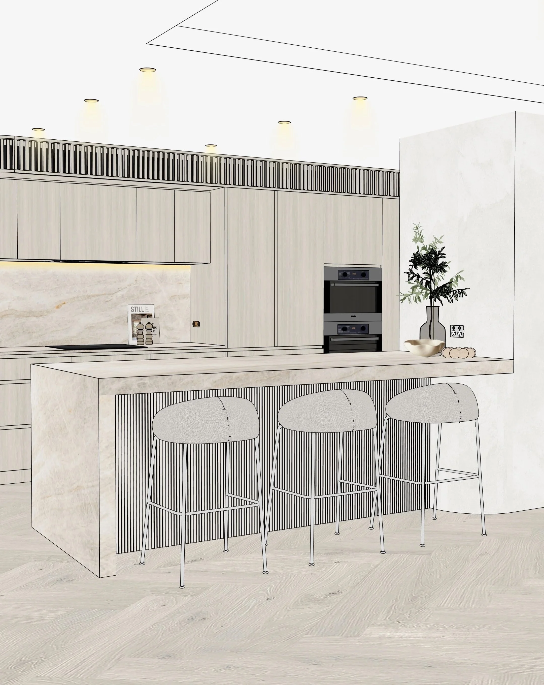 Contemporary coastal kitchen with curved island and pale timber cabinetry in Oceanview Apartment Gold Coast