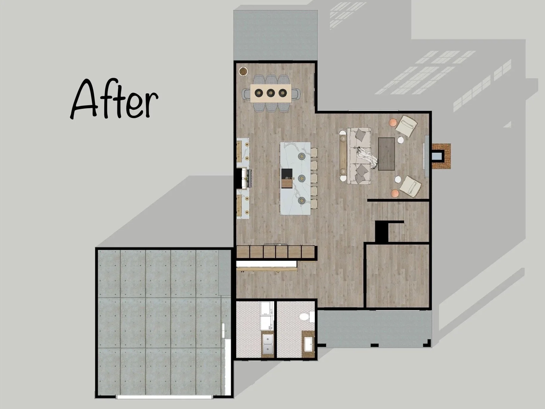 Modern farmhouse kitchen full gut renovation in Chicago home renovation. Floorplan before and after