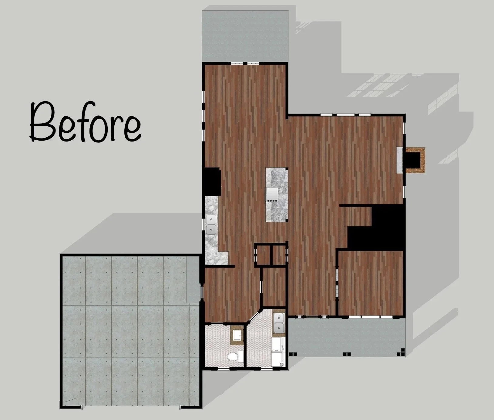 Modern farmhouse kitchen full gut renovation in Chicago home renovation. Floorplan before and after