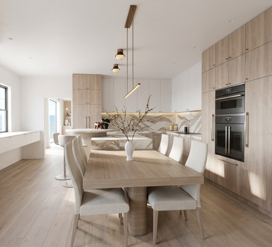 Modern condo remodel in Miami. Kitchen renovation with a stone island and custom dining table and bar