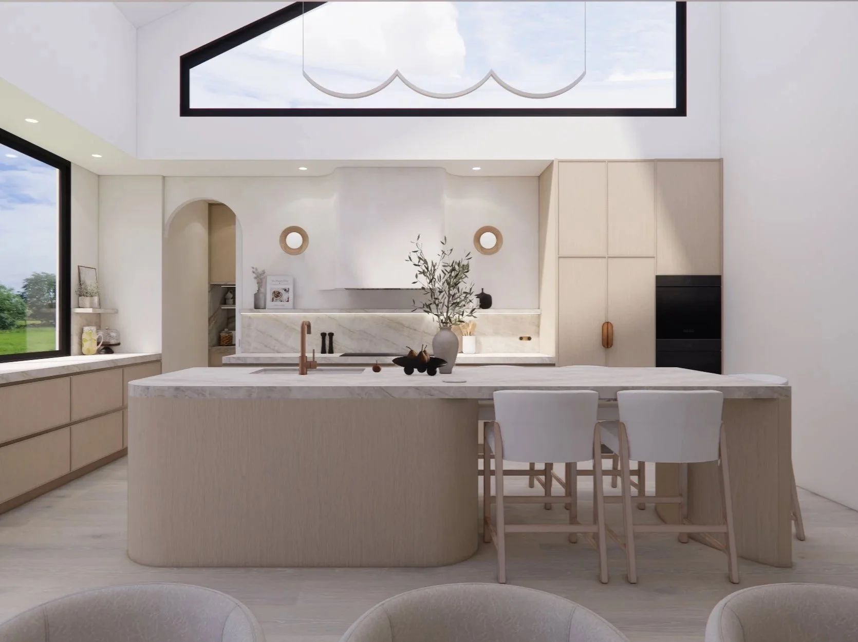 Luxury open-plan kitchen with natural oak cabinetry, stone island and skylight in a contemporary new build