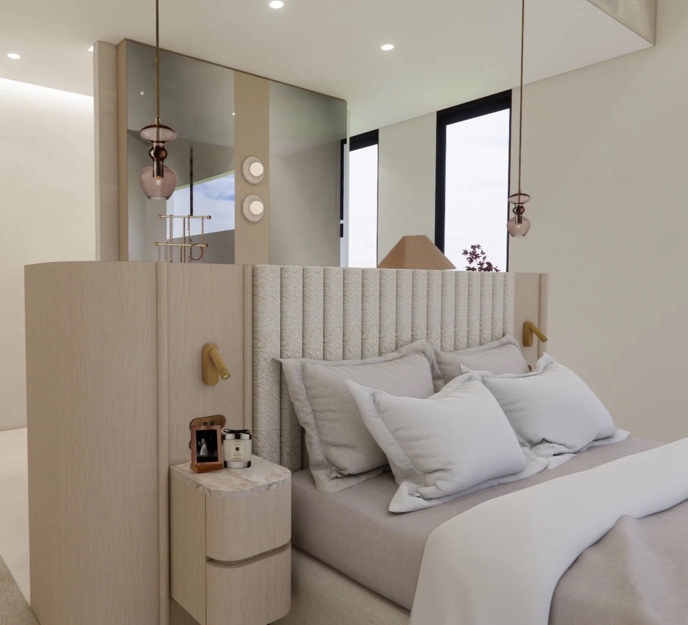 Contemporary ensuite with double vanity, curved shower and natural stone finishes